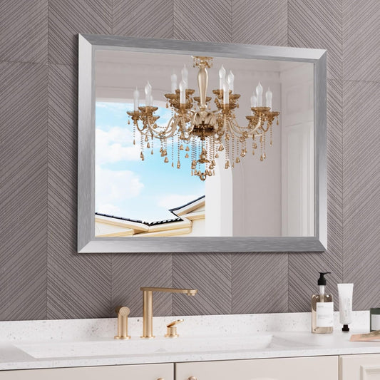 Amorho 40x32 Inch Bathroom Mirror Silver, Thick Metal Framed Wall Mirrors for Over Sink, Brushed Nickel Mirror Perfect for Bedroom, Living Room, Entryway, Rectangle (Horizontal/Vertical).
