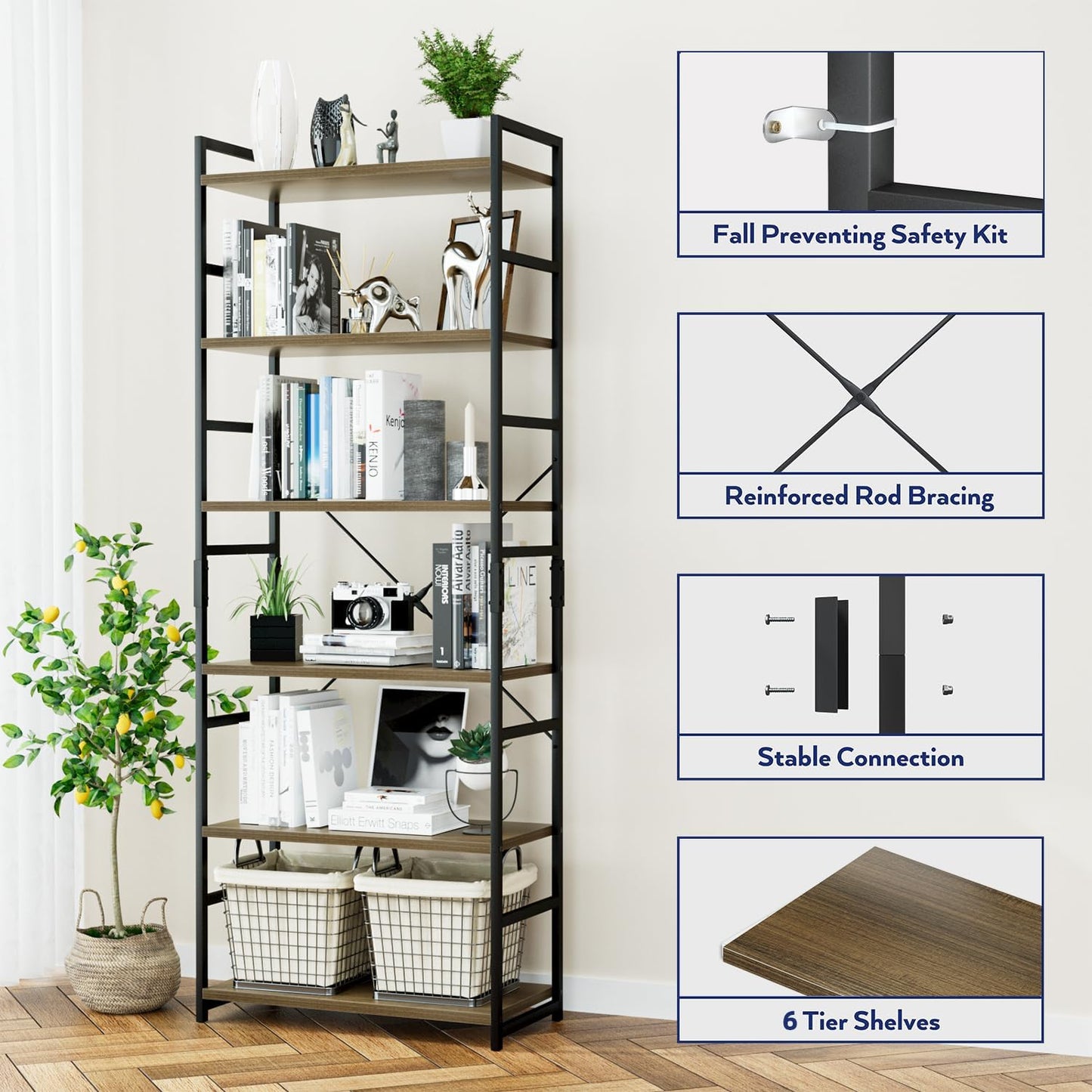 NUMENN 6 Tier Bookshelf, Tall Bookcase Shelf Storage Organizer, Modern Book Shelf for Bedroom, Living Room and Home Office, Dark Walnut