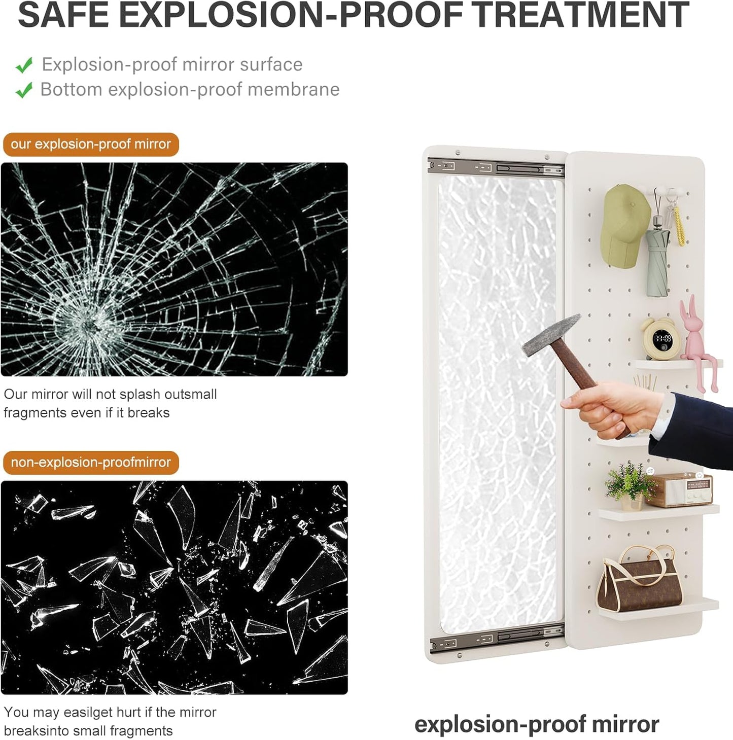 KungFuWood Full Length Mirror with Shelf and Hooks,Entry Way Mirrors for Wall,Wall Mirror with Shelf,Wall Mirror with Storage Multifunctional Design Panel,Living Room