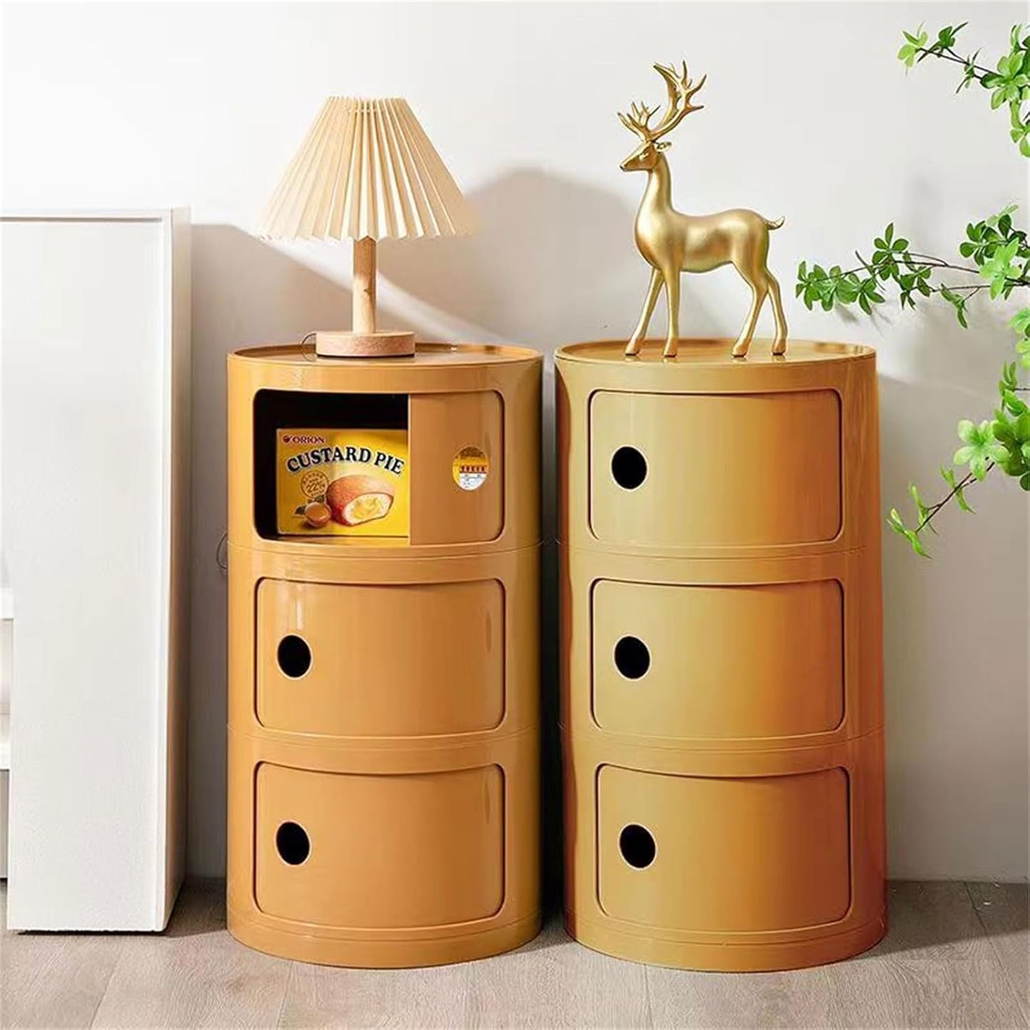 3 Tier Round Nightstand with Drawer, Ginger Yellow Round Side Table Small Plastic Storage End Table Suitable for Bedroom, Living Room, Bathroom (Ginger Yellow)