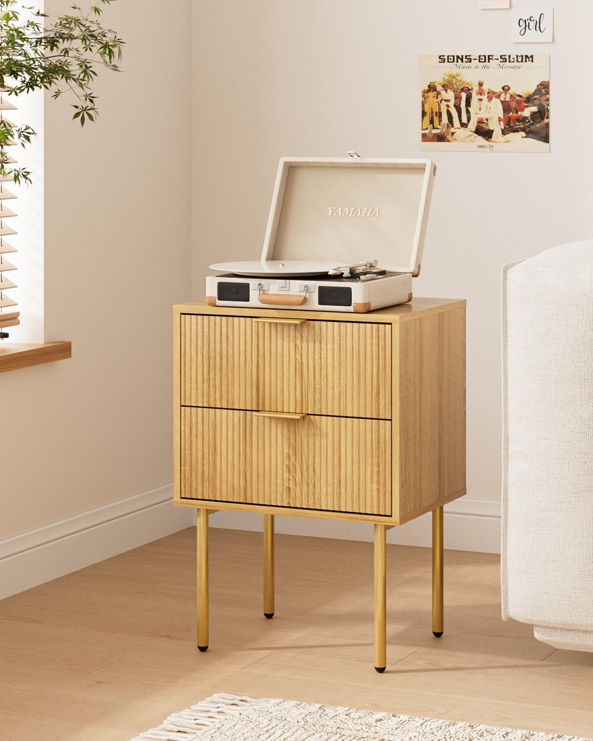 Nightstand,Morden Bedside Table with Gold Frame,Small White Night Stand,End Table,Bedside Furniture,Side Table with Drawer and Shelf for Bedroom,Living Room (2Drawers, Oak)