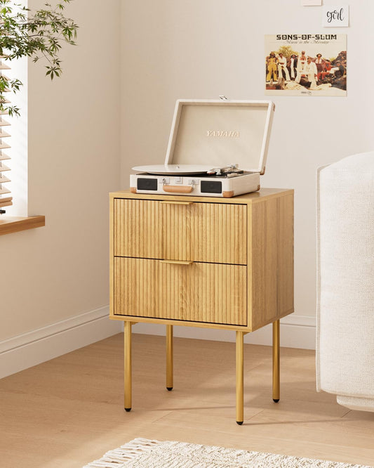 Nightstand,Morden Bedside Table with Gold Frame,Small White Night Stand,End Table,Bedside Furniture,Side Table with Drawer and Shelf for Bedroom,Living Room (2Drawers, Oak)
