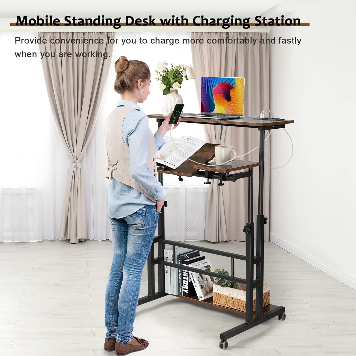 Hadulcet Mobile Standing Desk Adjustable Height, Rolling Desk Stand Up Desk, Mobile Laptop Desk, Rolling Computer Desk with Charging Station, Portable Desk with Wheels, Rustic Brown