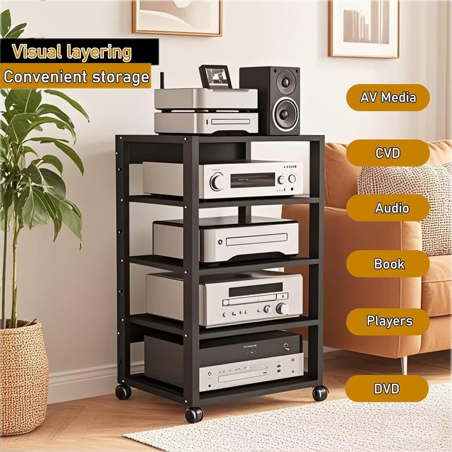 5 Tier Audio Rack Tower, CD Record Player Stereo Receiver AV Equipment Cabinet Display Rack, Weight Capacity 220 lbs, with Adjustable Wooden Shelves for Home (Black-2, 5tier)