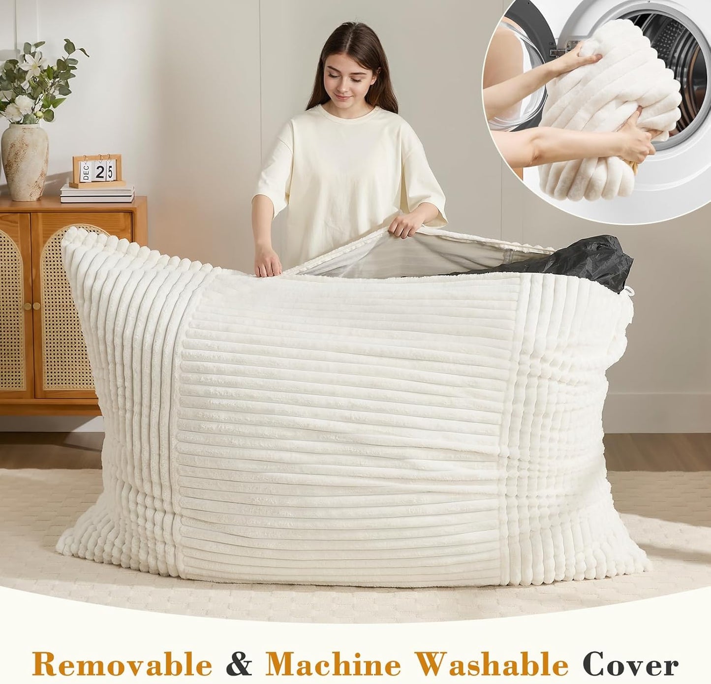 3-in-1 Giant Bean Bag Chair for Adults & Kid, Convertible Floor Sofa to Mattress, High-Density Foam Chair Bed with Washable Cover, Multi Functional Lounge Couch for Bedroom, Living Room (Beige)