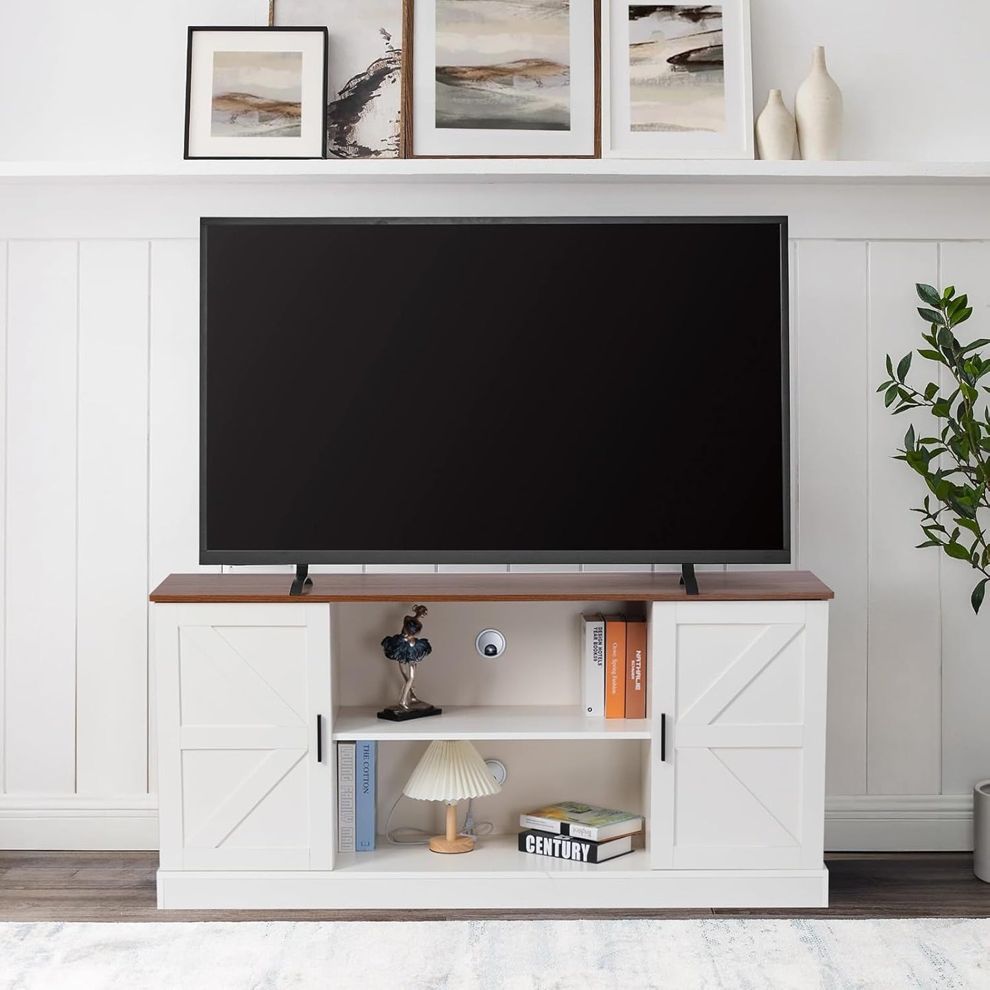 HollyHOME Farmhouse TV Stand for Televisions up to 65”, Wood Entertainment Center with Storage Cabinets and Adjustable Shelves, Media TV Console Table for Living Room and Bedroom, White
