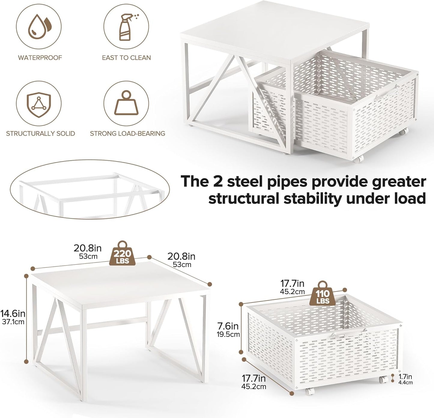 Urban Deco Mini Fridge Stand with Storage, Heavy Duty Fridge Cart with Drawer Basket, Mini Refrigerator Table for 220 LBS, Mobile Fridge Stand with Swivel Wheels for Dorm,Office,Home,White