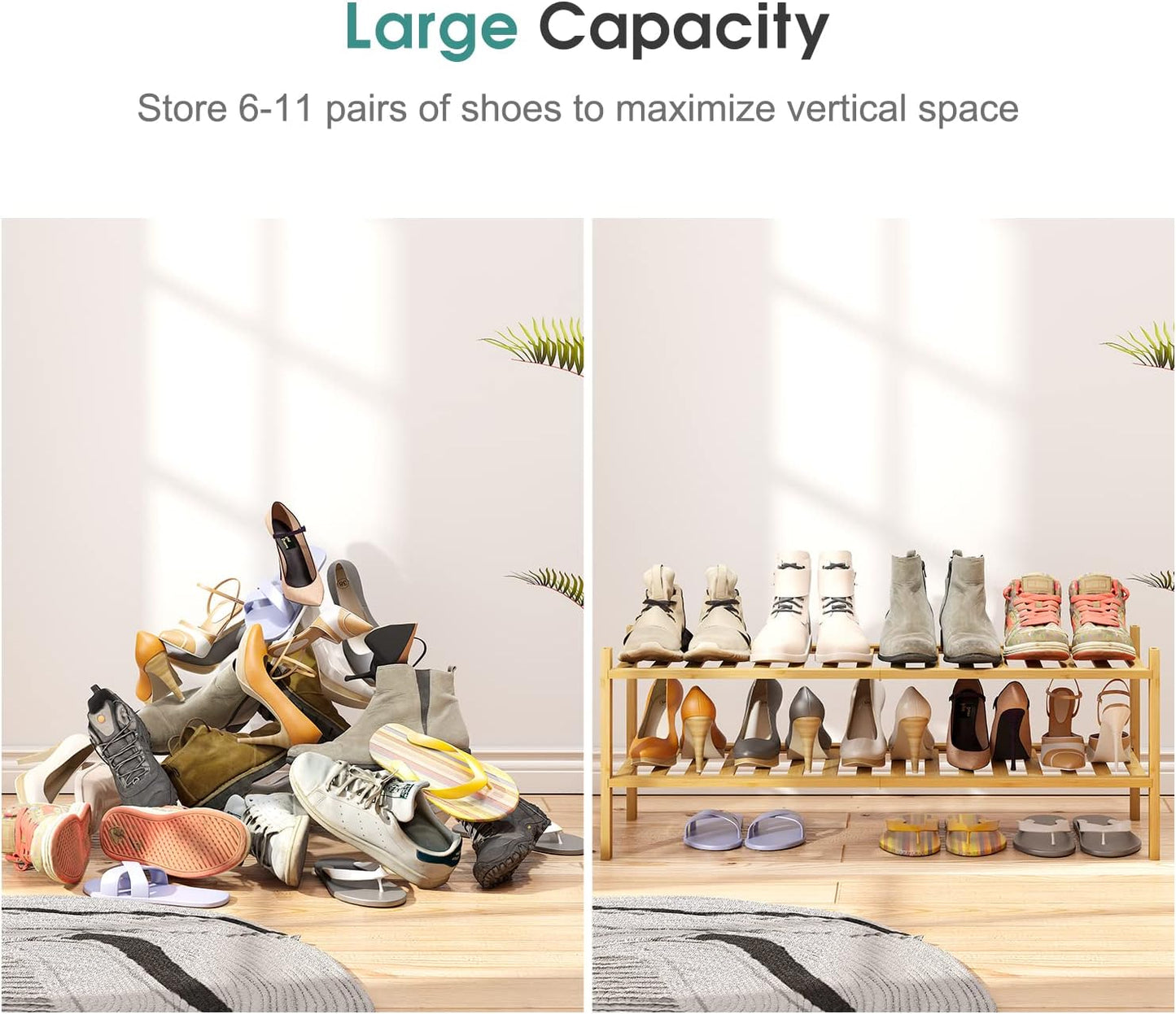 2-Tier Long Shoe Rack for Entryway, Black Bamboo Wood Shoe Rack for Closet & Hallway, Long 33IN | Beautiful | Functional | Sturdy | Durable