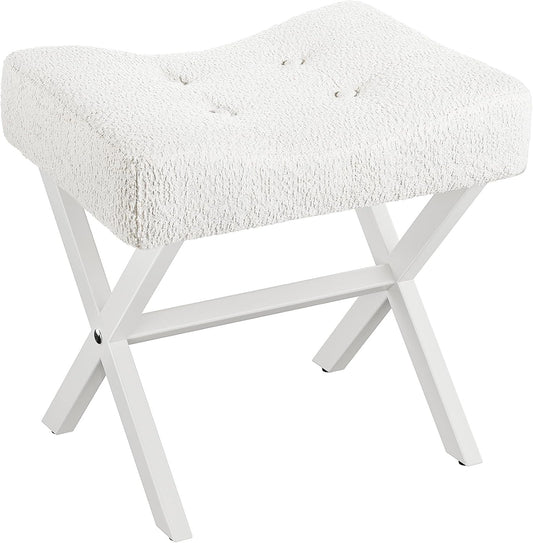 18-Inch Large Vanity Stool Chair, Vanity Bench with Metal X-Legs, Ottoman Foot Stool with Breathable and Soft Boucle Fabric Saddle Seat, White