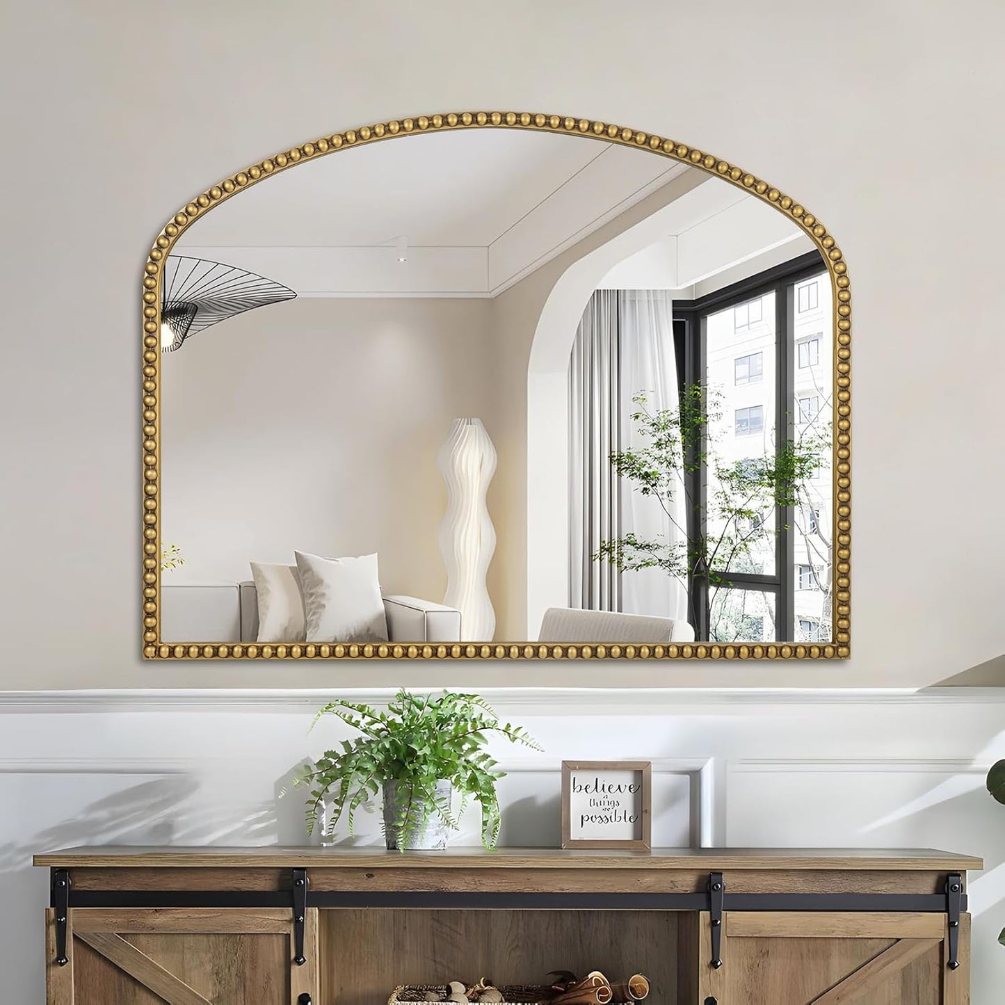 28"x36" Large Arch Wall Mirror, Decorative Beaded Frame Hanging Vanity Mirror for Dresser, Bathroom, Entryway, Bedroom, Mantel, Antique Gold