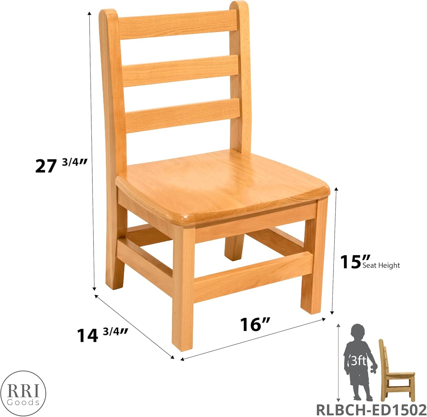 Kids Wooden Chair Set, Fully Assembled Youth Ladderback Wood Chairs for Children, 15" Seat Height for Ages 9-11 (Set of Two)