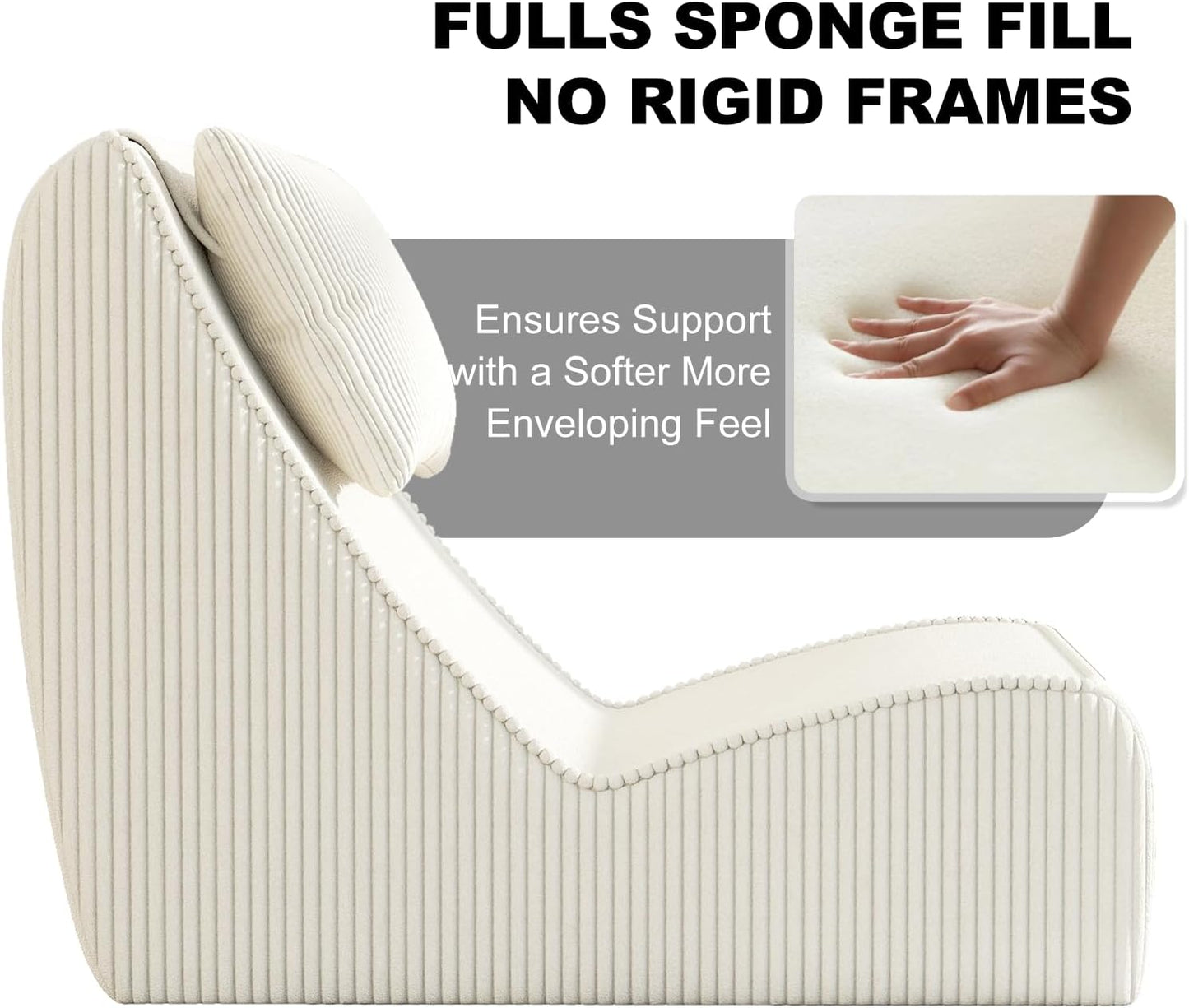 Giant Bean Bag Chair for Adults,Corduroy Chaise Lounge with Unrivaled Back Support, Detachable Neck Pillow, Comfortable Ottoman & Washable Cover for Living Room, Bedroom, Garden(White)