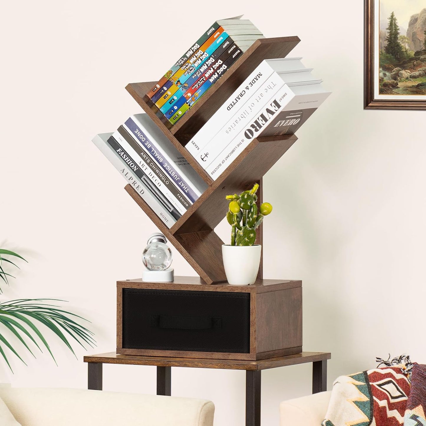 Small Bookshelf with Drawer,4 Tier Tree Book Shelf,Wood Desk Bookshelves,Modern Free Standing Desktop Display Shelves,Brown Floor Standing Organizer Bookcase for Living Room,Bedroom,Office