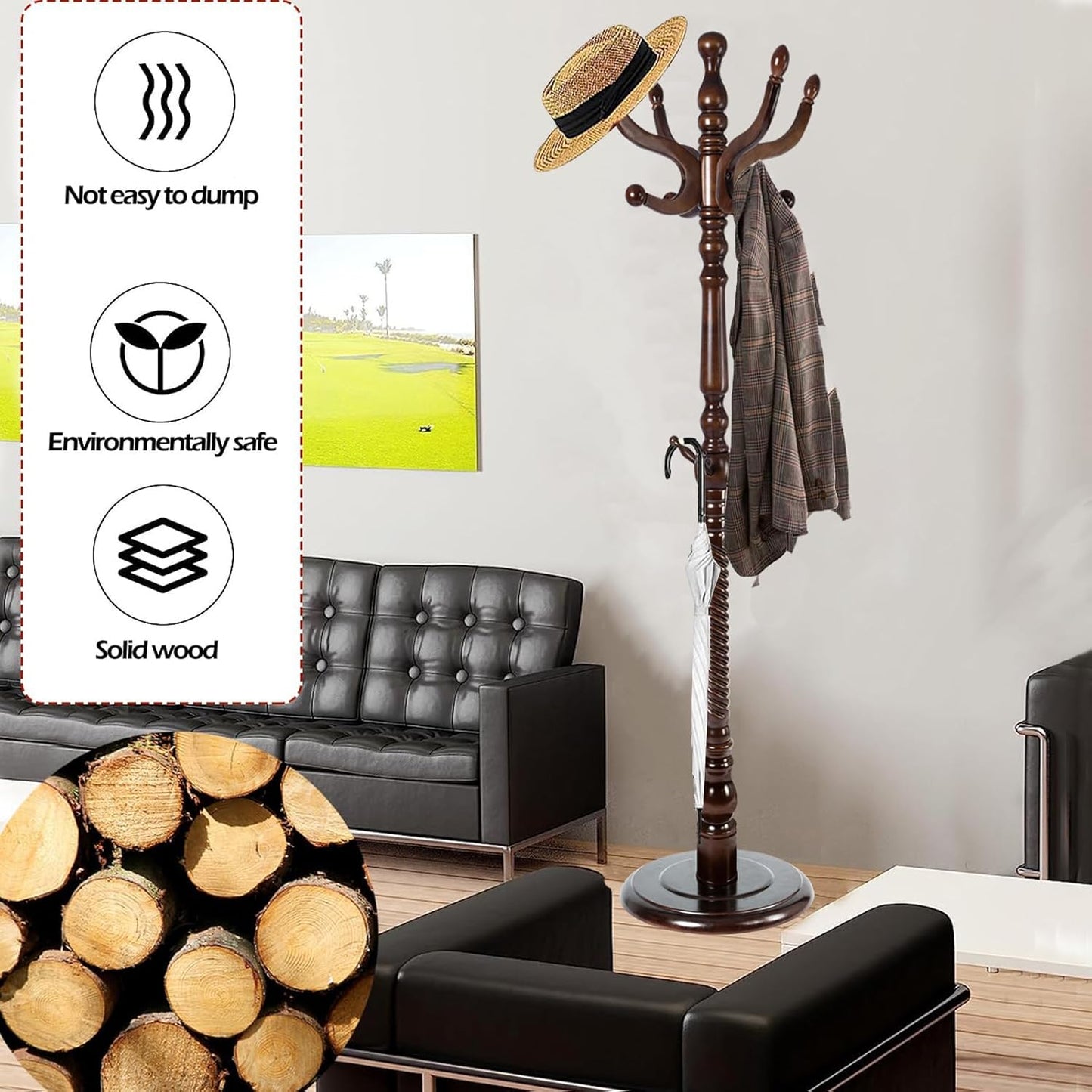 Coat Racks Free Standing with 14 Hooks, Natural Wood Coat Stands for Entryway, Adjustable Height 73 in Tree Coat Rack Stand for Hallway Home Office Bedroom (Dark Brown)