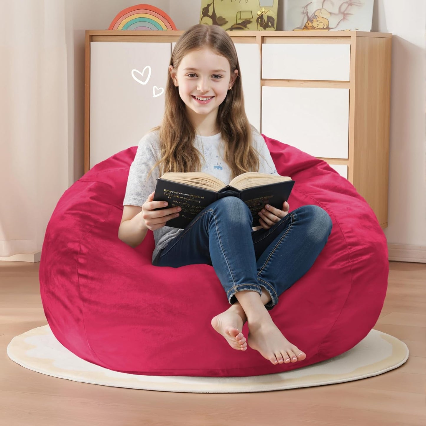 Homguava 2FT Bean Bag Chair: 2' Bean Bags with Memory Foam Filled,Comfy Beanbag Chairs Round Bean Bag Sofa with Dutch Velvet Cover-Pink