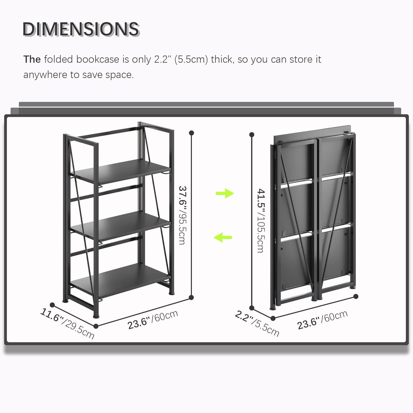 4NM No-Assembly Folding Bookshelf Storage Shelves 3 Tiers Vintage Bookcase Standing Racks Study Organizer Home Office (All Black)