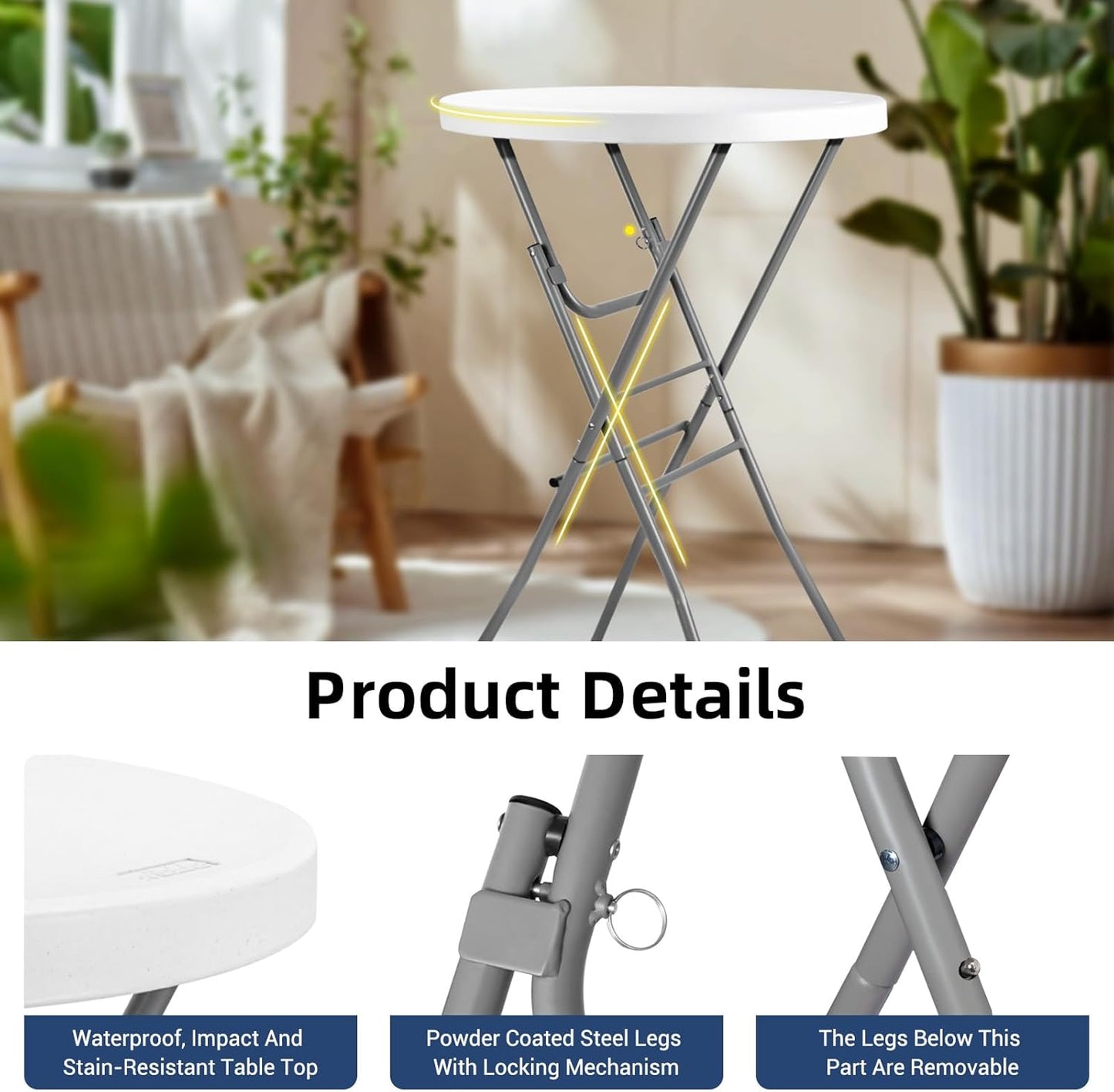 28in Cocktail Table White High Top Folding, Round Portable Bar Height Folding Table with Removable Legs, Indoor Outdoor Banquet for Parties, Commercial, Speech, School