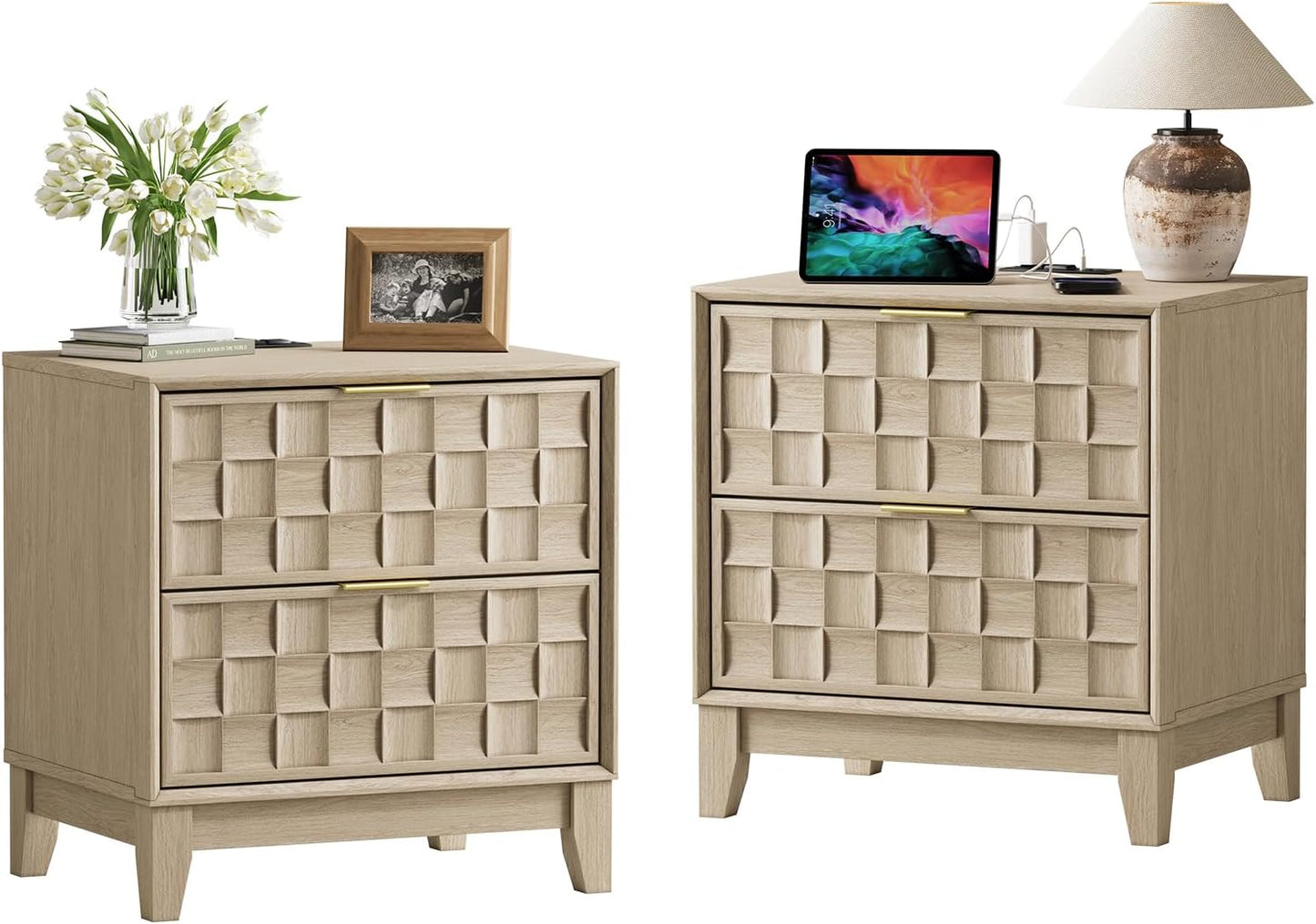 COLAMY Night Stand Set of 2, Nightstand with Charging Station, 22" Modern Bed Side Table with 2 Storage Drawers and Chessboard Relieffor Bedroom, Dorm and Small Spaces - Oak