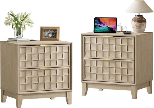 COLAMY Night Stand Set of 2, Nightstand with Charging Station, 22" Modern Bed Side Table with 2 Storage Drawers and Chessboard Relieffor Bedroom, Dorm and Small Spaces - Oak