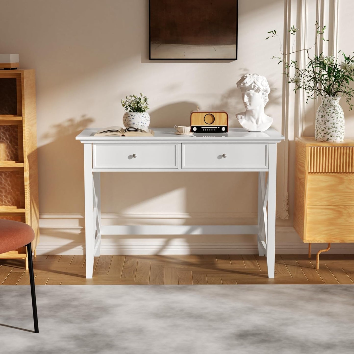 White Computer Desk with 2 Drawers, Modern Makeup Vanity Desk with Storage, Writing Desk for Home Office, 42'' Long Study Simple White Desk for Bedroom Console Table Living Room
