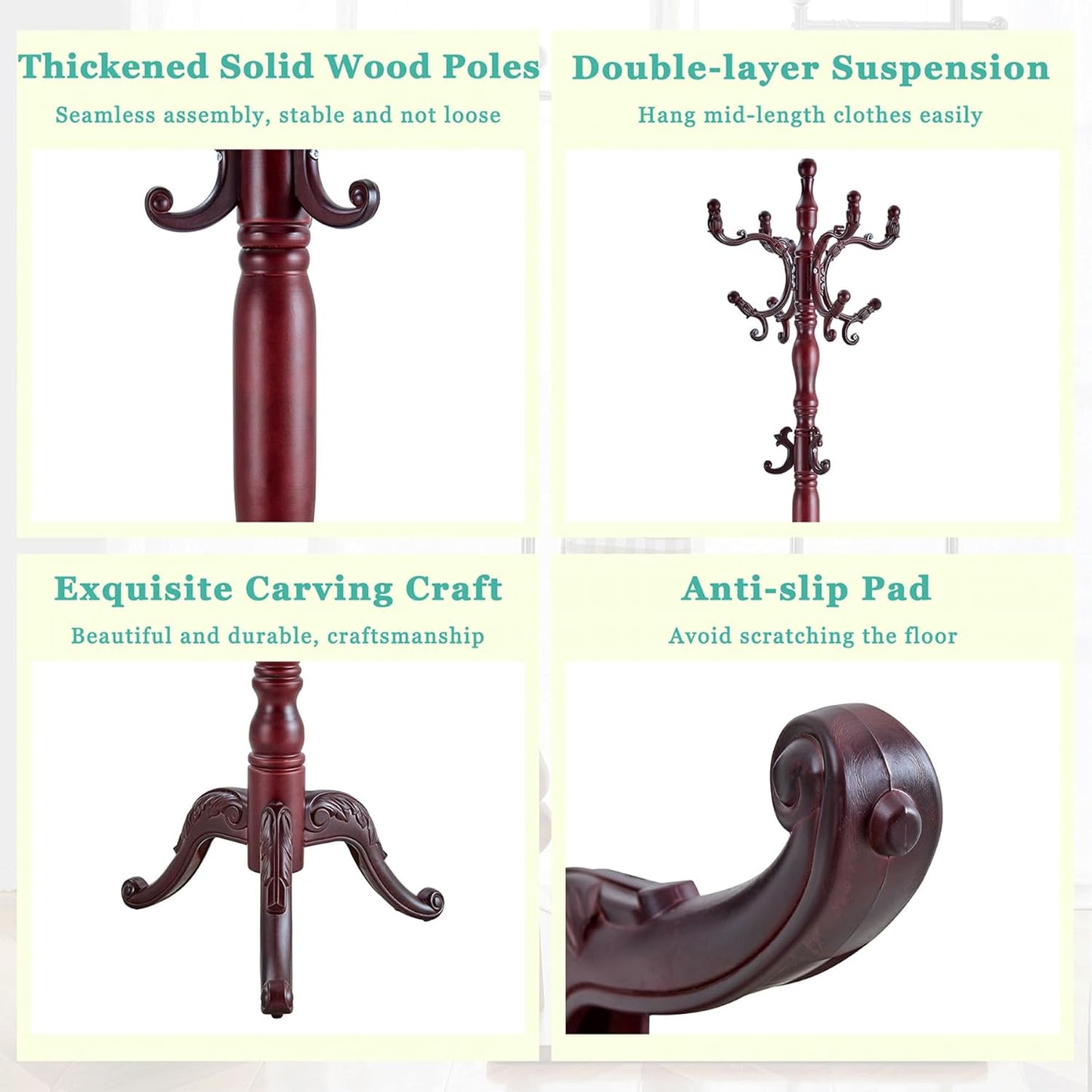 Solid Wood Coat Rack Freestanding, 77" Adjustable Hall Tree Hanger With Hooks, Coat Hanger Stand for Hanging Clothes Bags Hats in Living Room Bedroom