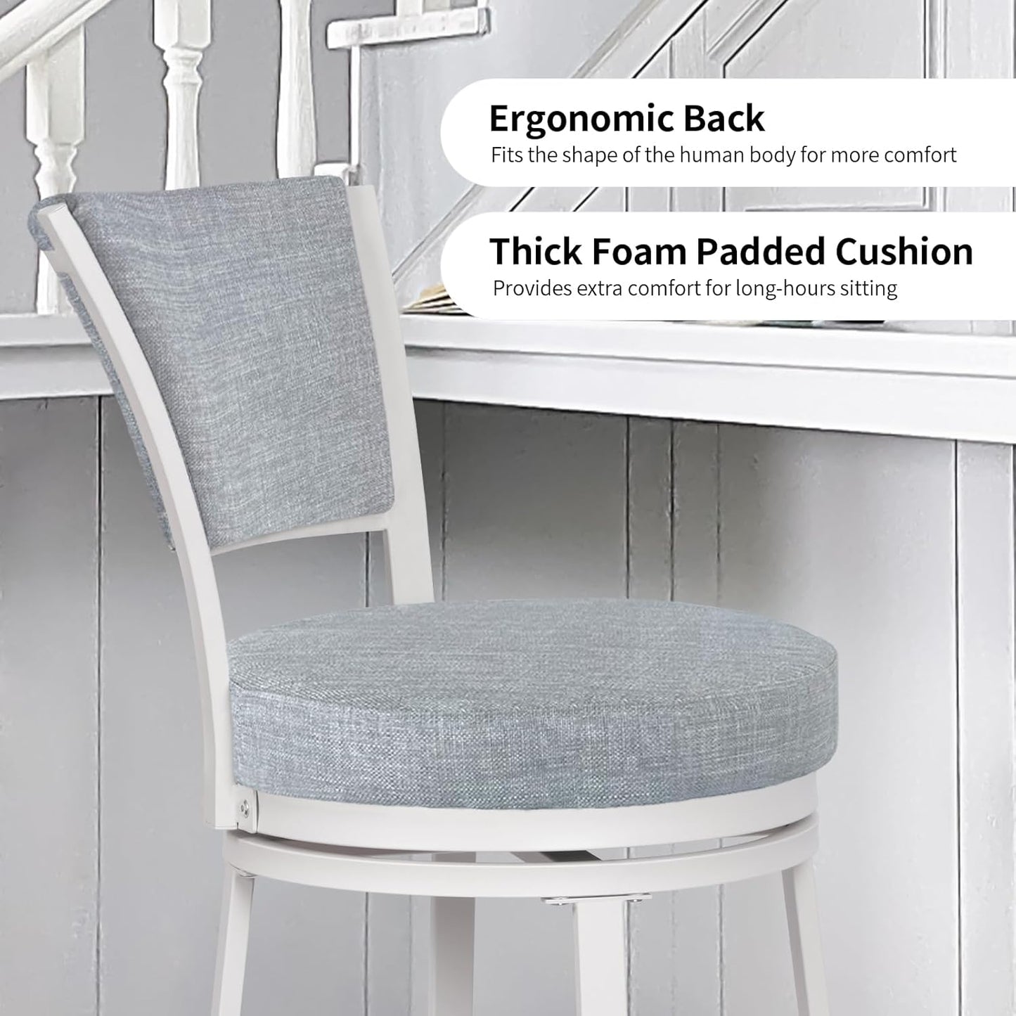 Bar Stools Set of 2, 25 Inch Metal Counter Height Bar Chairs, Modern Linen Fabric 360° Round Swivel Barstools with Back, Counter Stools for Kitchen Island, Pub, Grey & White