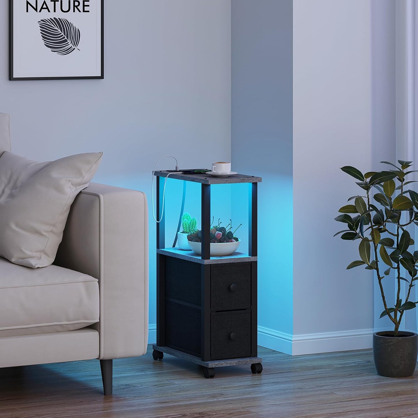 TUTOTAK Small Narrow End Tables, LED Side Tables with 2 Fabric Drawers, Set of 2, Bedside Tables with Charging Station for Small Spaces, Slim Nightstands with USB Ports and Wheels, TB01BY053L