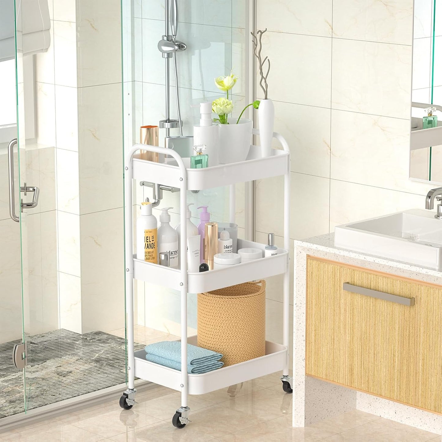 3-Tier Rolling Metal Storage Cart with Wheels, Multi-Functional Organizer for Office, Kitchen, Bathroom, Books Diapers - Easy Assembly (White)