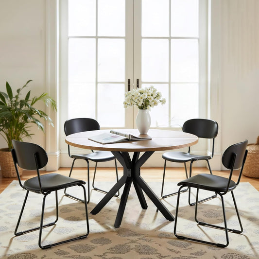 47 Inch Round Dining Table for 4, Modern Round Dinner Table Small Mid Century Dining Room Tables, Leisure Kitchen Tables for Small Space, Kitchen, Living Room, Steel Legs, Black & Natural