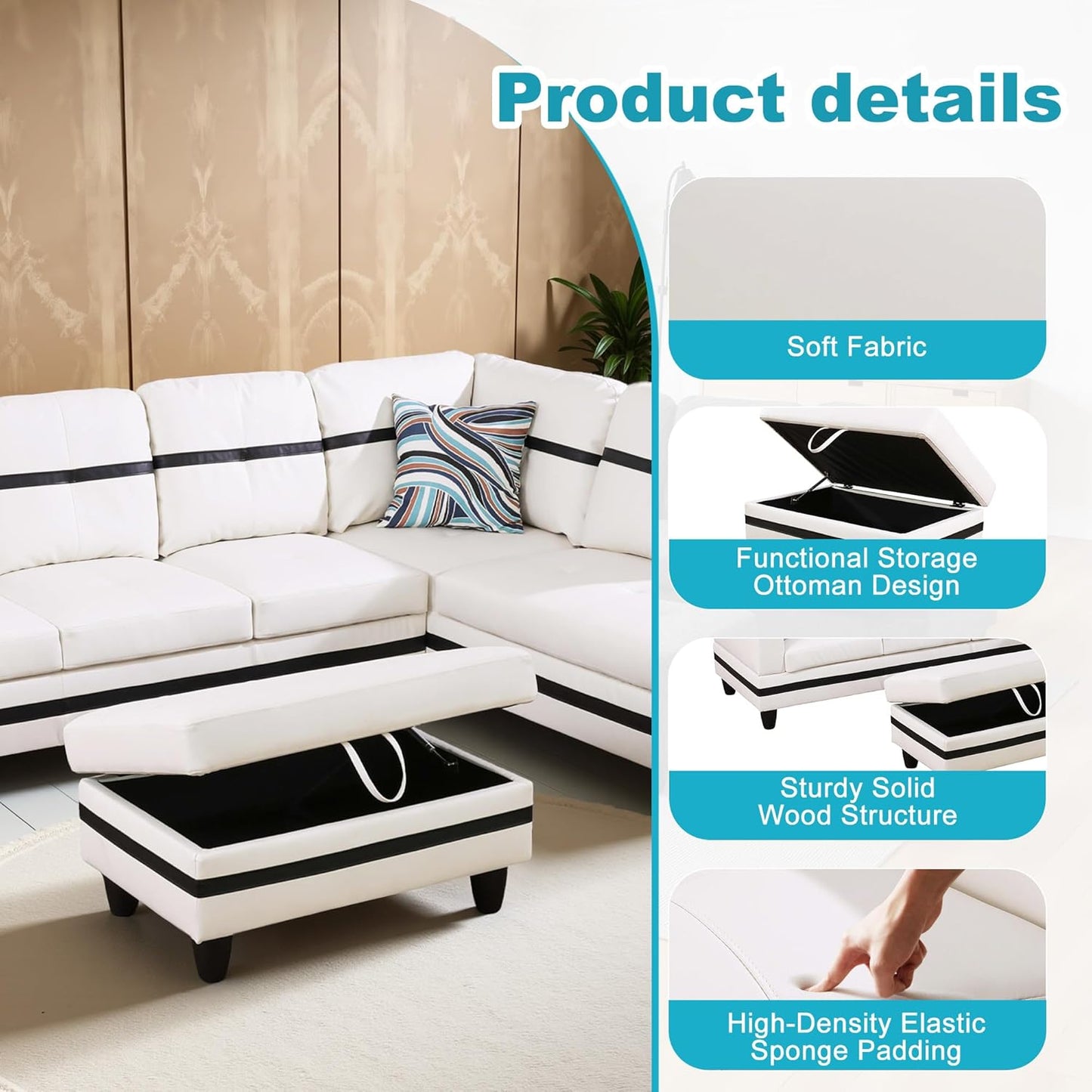 Couches for Living Room PU Leather L Shaped Couch Comfy 3 Pieces Sectional Sofa with Chaise, Ottoman with Storage for Office and Small Apartment, White and Black