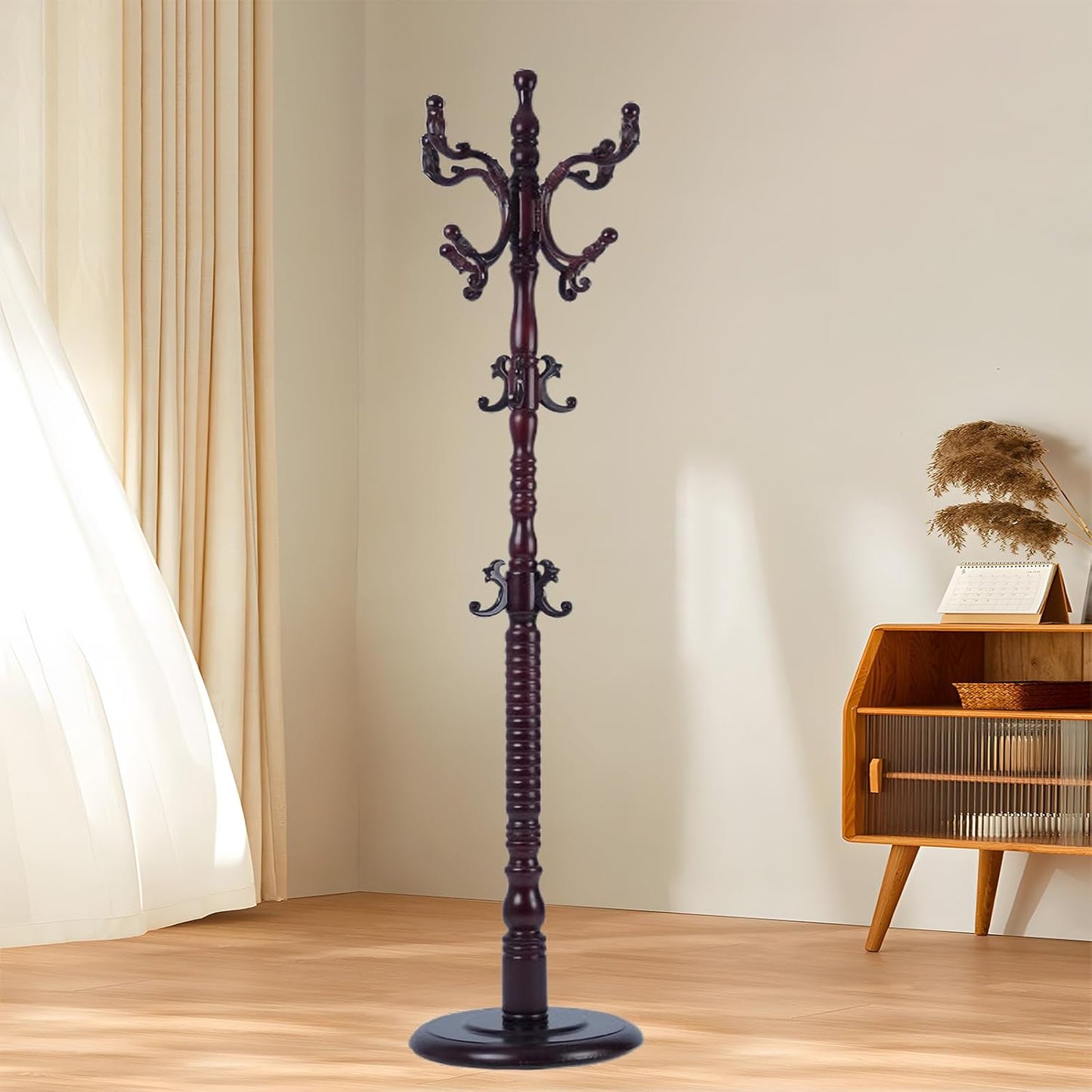 Coat Rack Freestanding with 18 Hooks, Wooden Standing Coat Racks for Entryway, Solid Wood Clothes Hanger Rack with Sturdy Round Base for Entryway, Hall, Bedroom, Office, Hallway