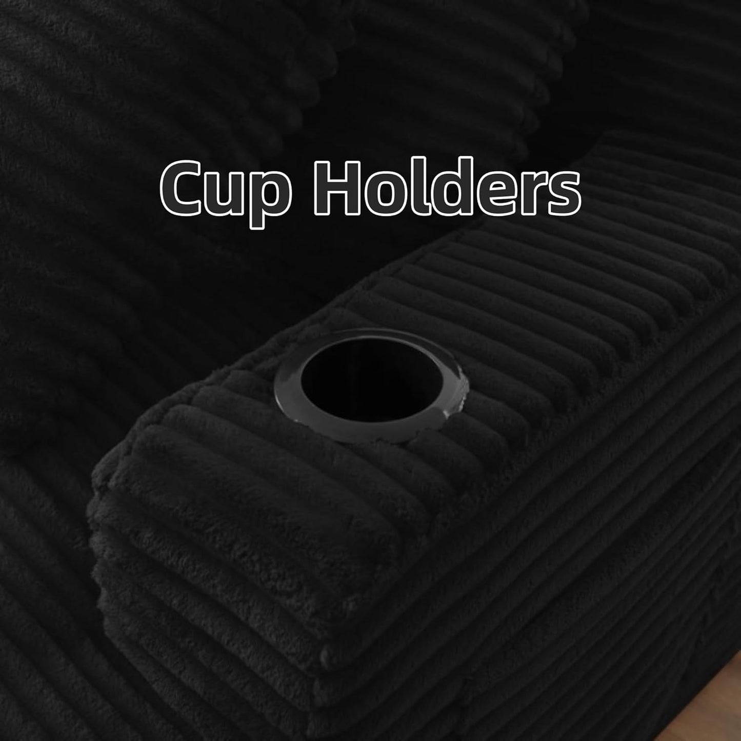 Oversized Sectional Double Chaise Lounge, Compressed Boneless Lounge Chaise with Cupholders, Boneless Sofa with Deep Seat, Fluffy Modern Sleeper Loveseat for Indoor Living Room, Black