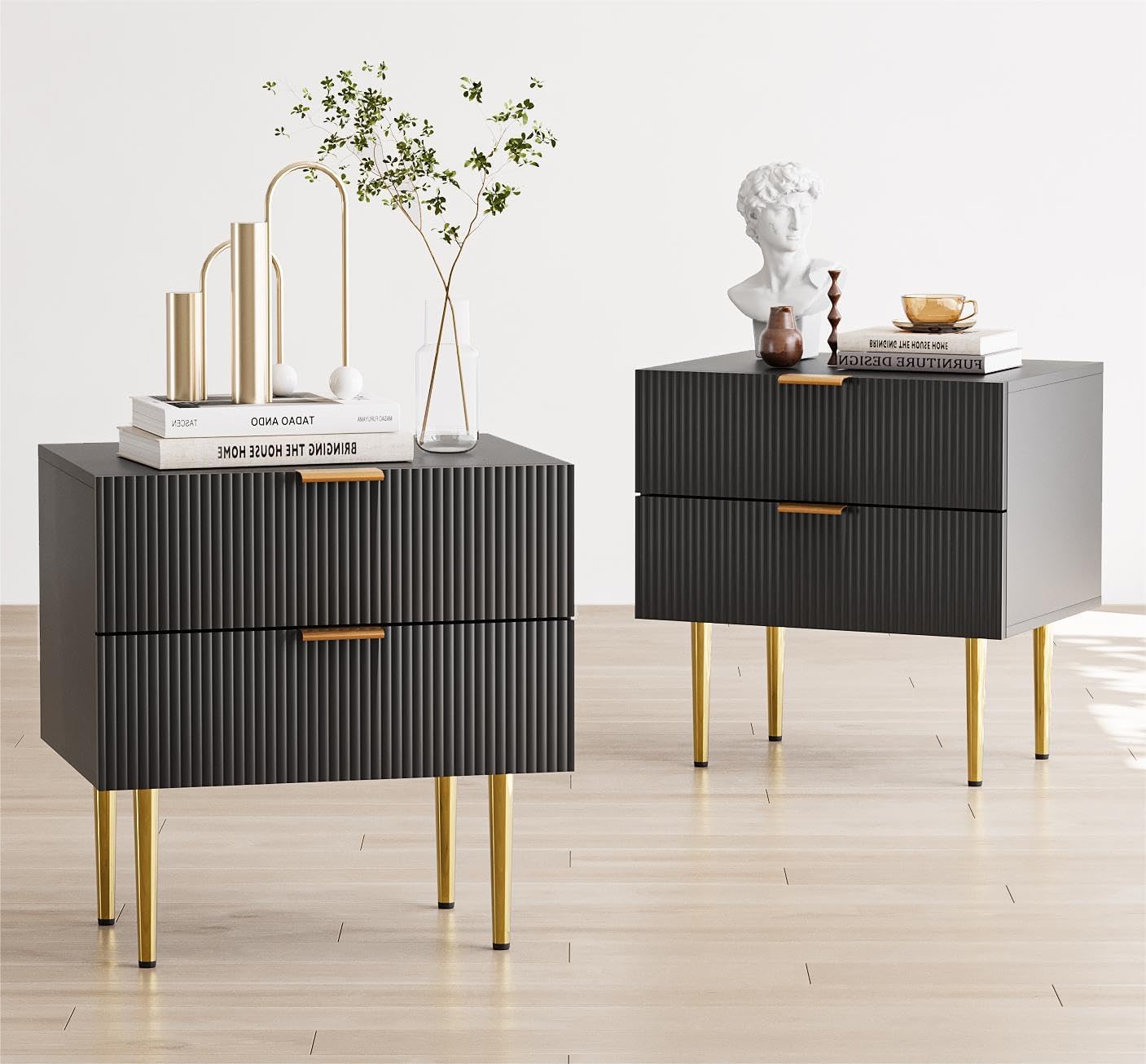 Black Nightstand for Bedroom, Fluted Night Stand Set of 2, Mid Century Modern Bedside Table with Gold Metal Legs