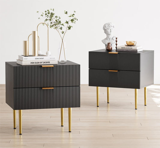 Black Nightstand for Bedroom, Fluted Night Stand Set of 2, Mid Century Modern Bedside Table with Gold Metal Legs