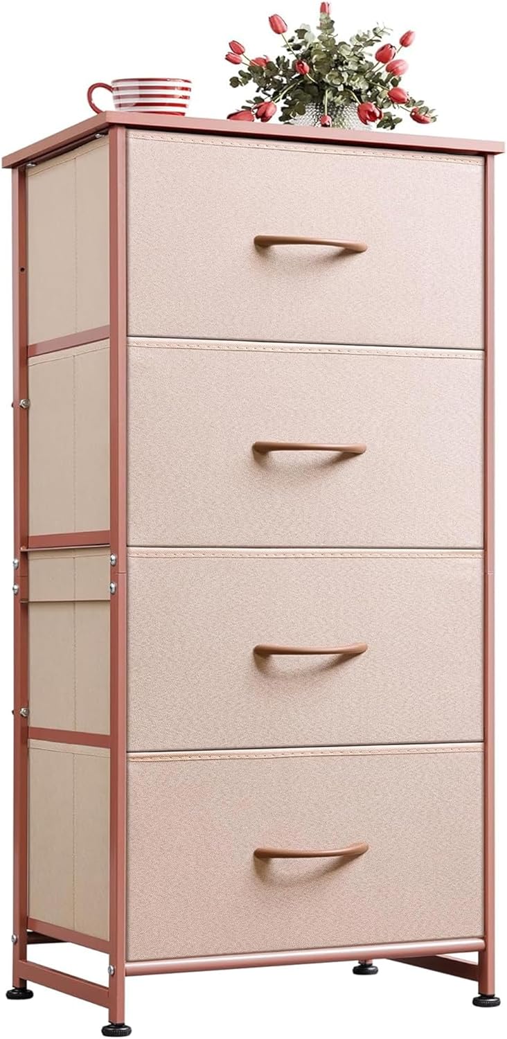 WLIVE 4 Drawers Dresser for Bedroom, Pink Rose Gold Fabric Clothes Storage Organizer Unit, Dresser for Hallway, Entryway, Closets, Sturdy Steel Frame, Wood Top