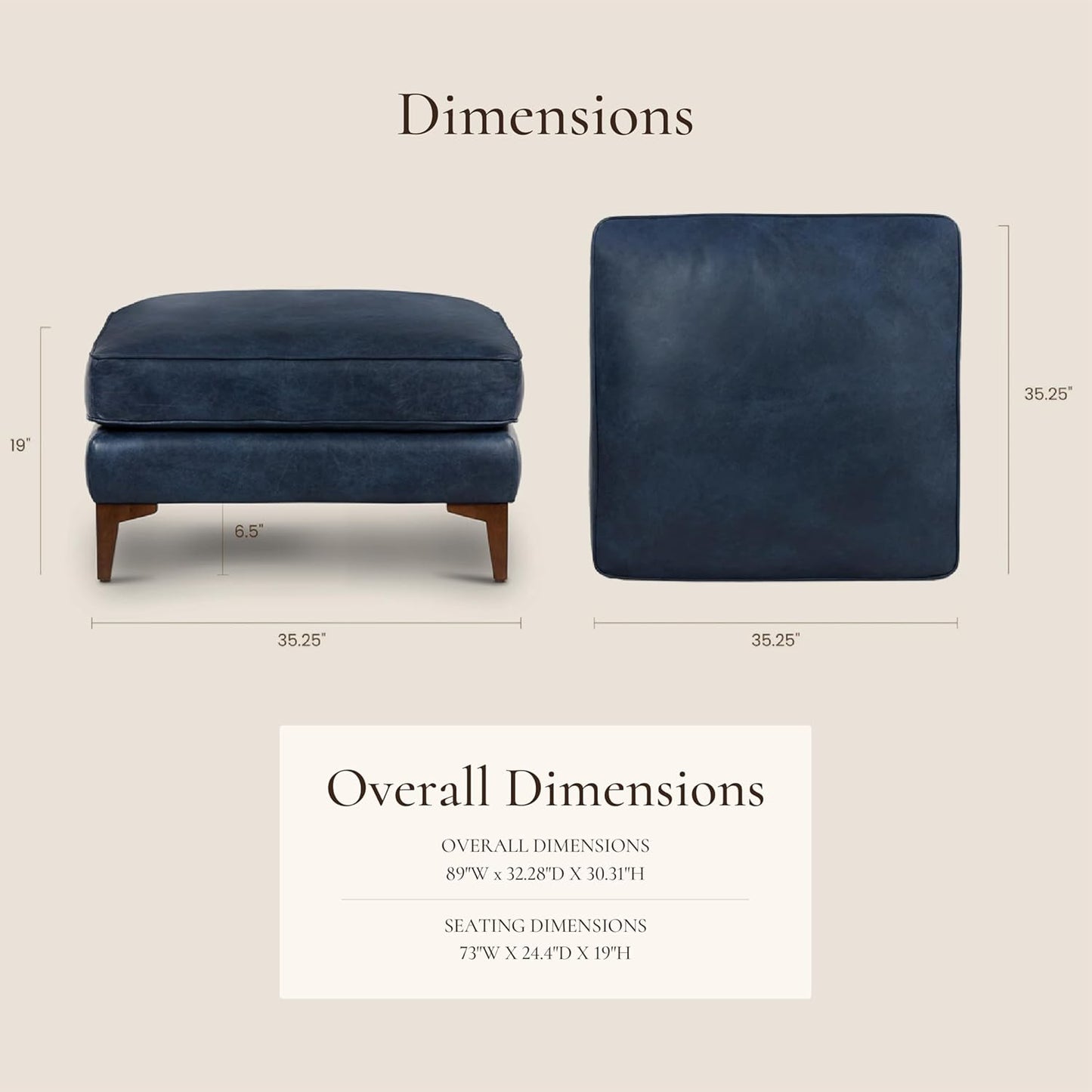 POLY & BARK Essex Ottoman - 35” Large with Feather-Down Topper - Full-Grain Leather Upholstered Ottoman - Couch for Living Room - Vintage Italian Leather in Midnight Blue