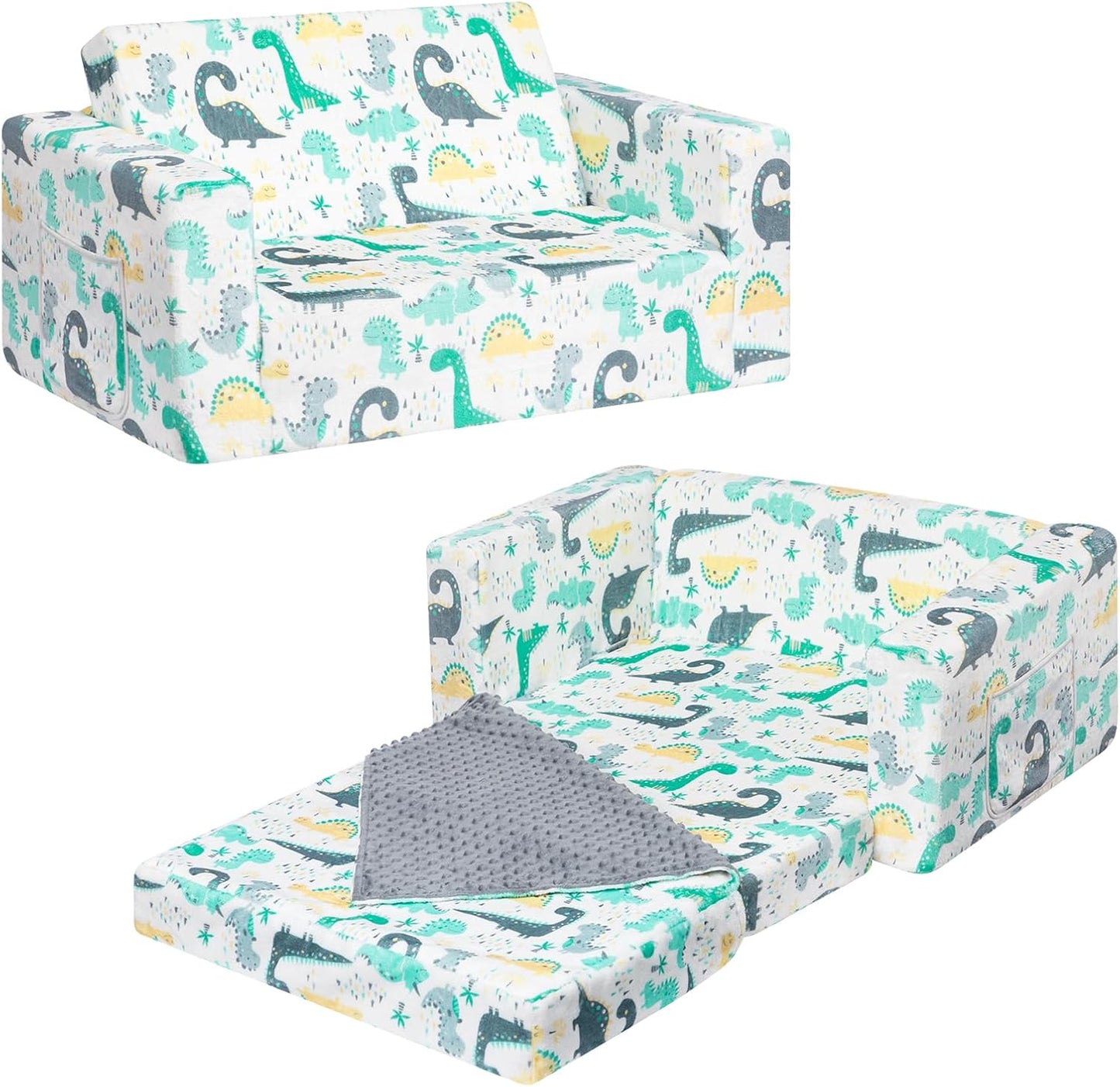 ALIMORDEN Fold Out Toddler Couch, Extra Wide Comfy 2-in-1 Cuddly Sherpa Sofa for Kids, with Removable Baby Friendly Blanket, Convertible Sofa to Bed, Dinosaur