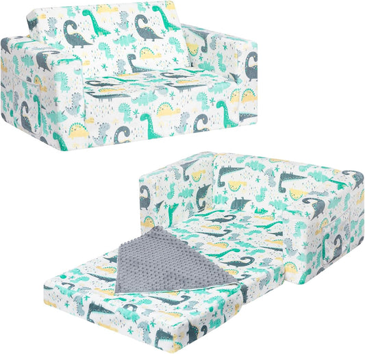 ALIMORDEN Fold Out Toddler Couch, Extra Wide Comfy 2-in-1 Cuddly Sherpa Sofa for Kids, with Removable Baby Friendly Blanket, Convertible Sofa to Bed, Dinosaur