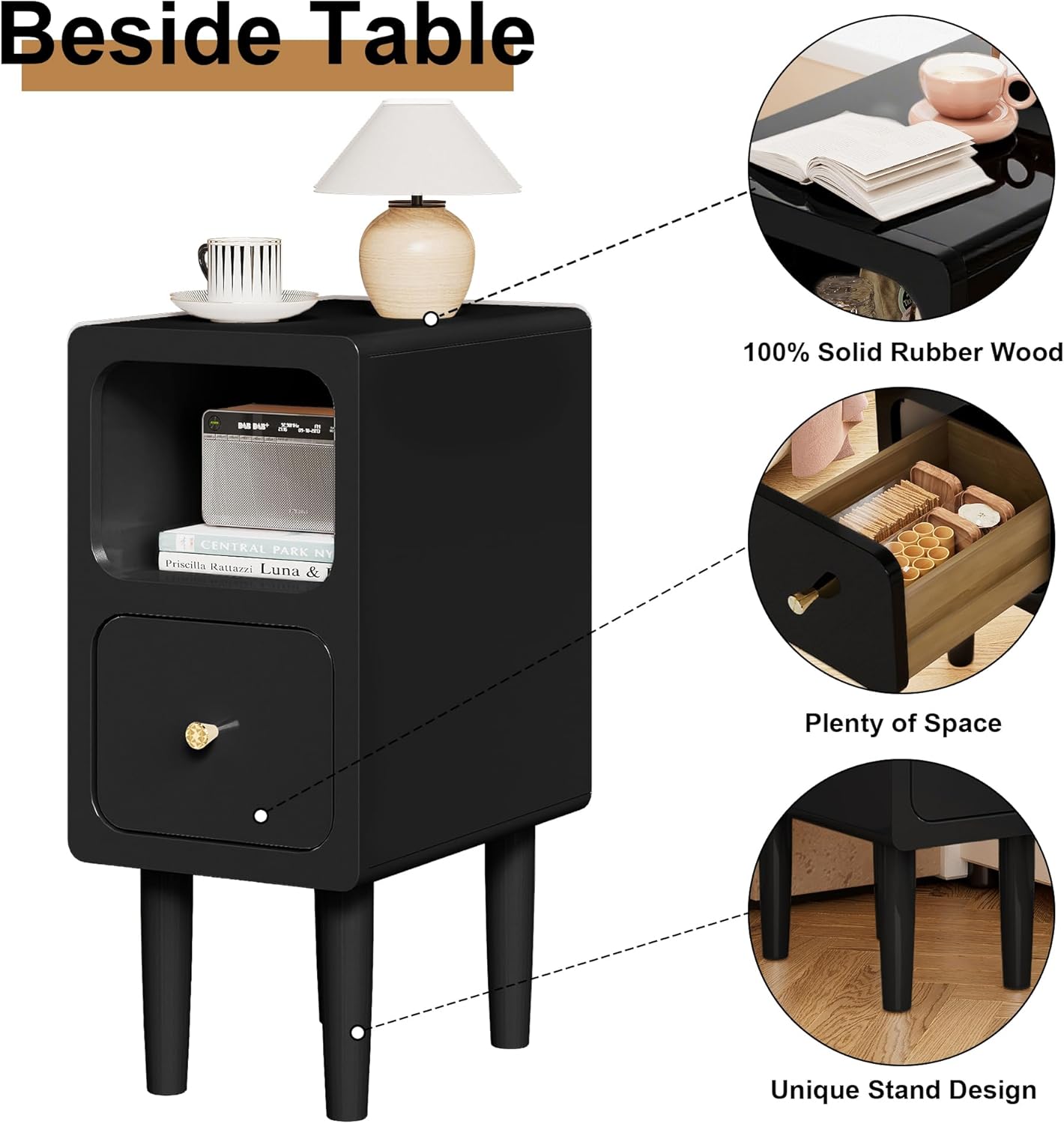 Narrow Nightstand, Solid Wood Night Stand with Drawers, Black Mid Century Modern Nightstand, Small Beside Table with Open Storage Shelf for Bedroom (10 inch)