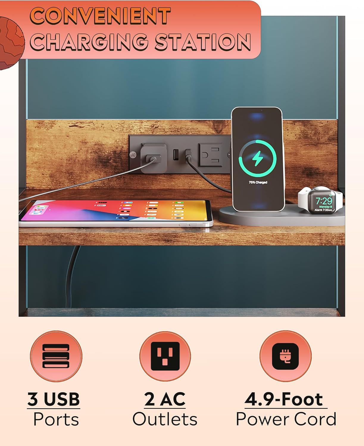 WLIVE Nightstand with Charging Station, LED Night Stand with 2 Drawers and 4 Storage Open Shelves, Fabric Dresser for Bedroom, Rustic Brown