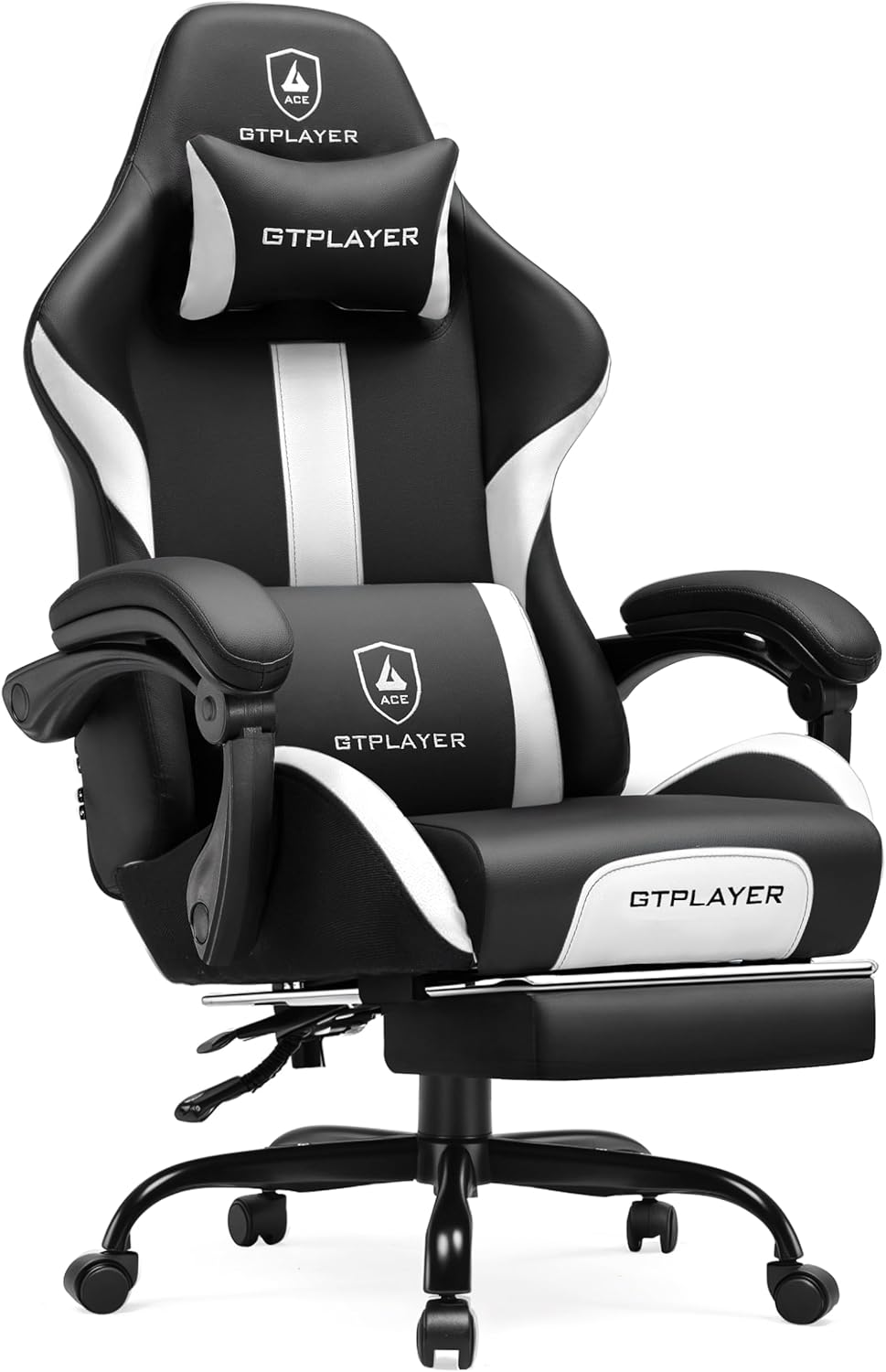 GTRACING Gaming Chair with Foot Rest & Pocket Spring Cushion, Ergonomic High Back Computer Chair with Headrest & 360°-Swivel Seat for Home Office Desk, PU Leather, White/Black