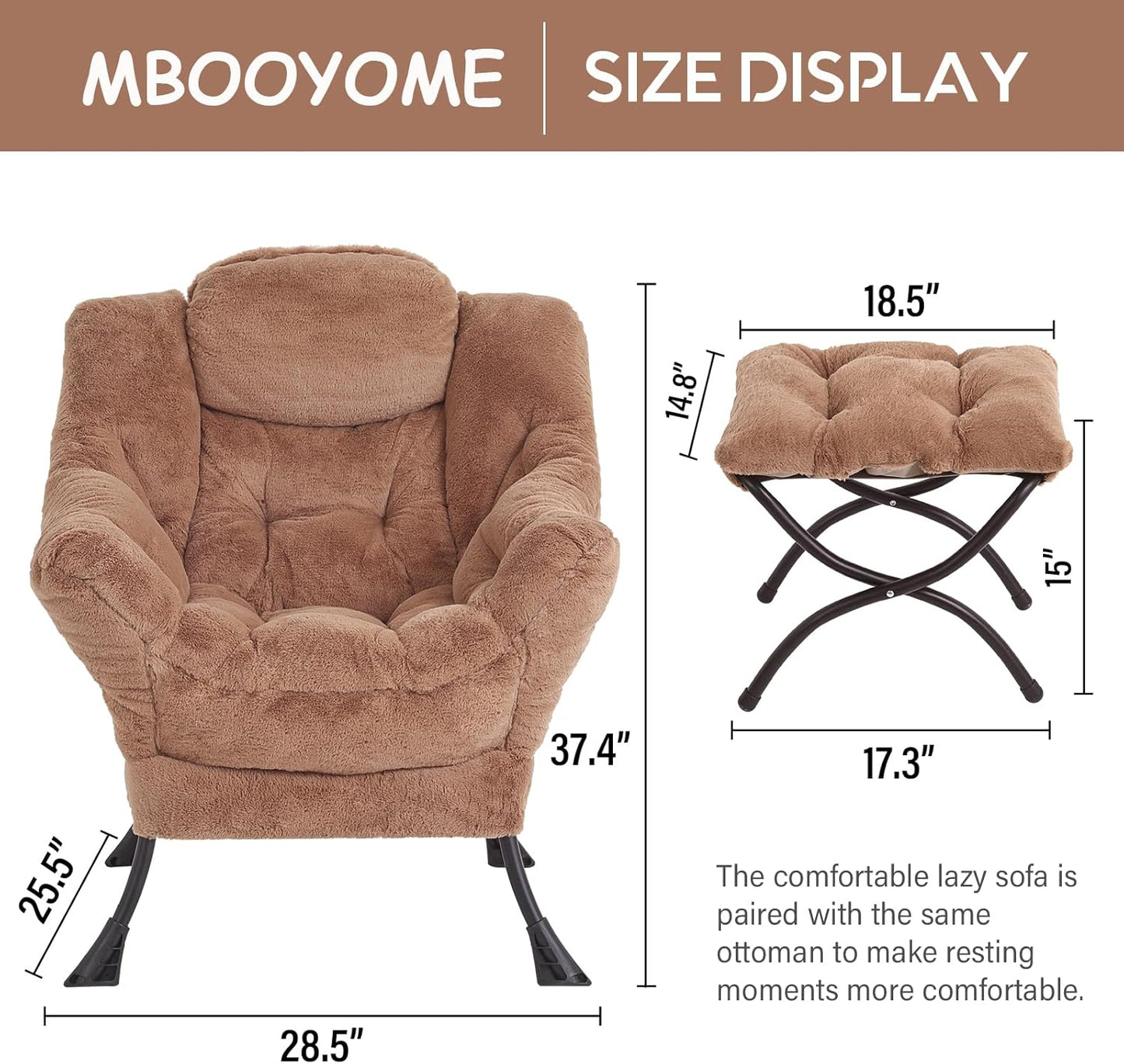 Lazy Chair with Folding Ottoman, Modern Accent Lounge Armchair with Armrests and a Side Pocket & Foldable Footstool, Leisure Reading Chair for Living Room, Bedroom, Dorm & Office, Plush Brown