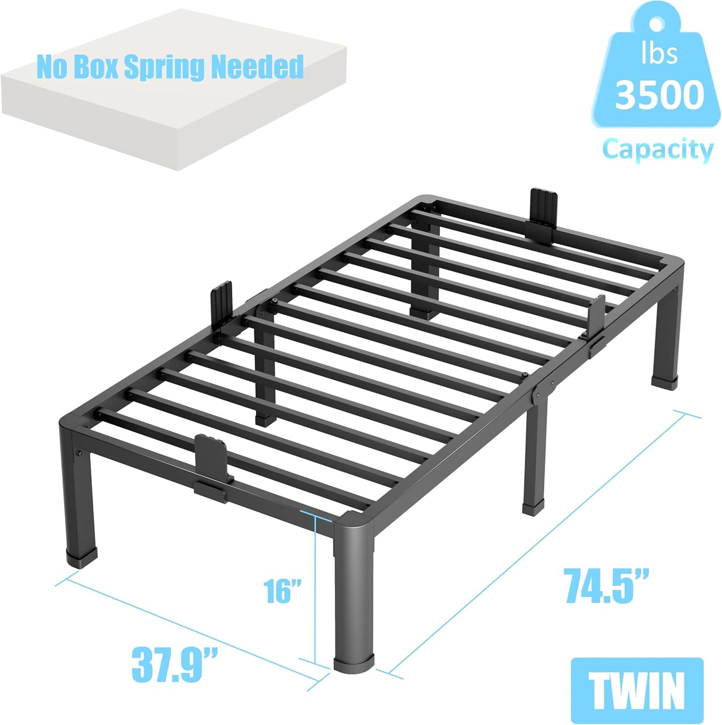 FUIOBYVV Twin Bed Frames with Round Corner Edge Legs 16 inch High 3500 lbs Heavy Duty Metal Platform Bed Frame Twin Size No Box Spring Needed/Non-Slip/Steel Slat Support/Noise Free