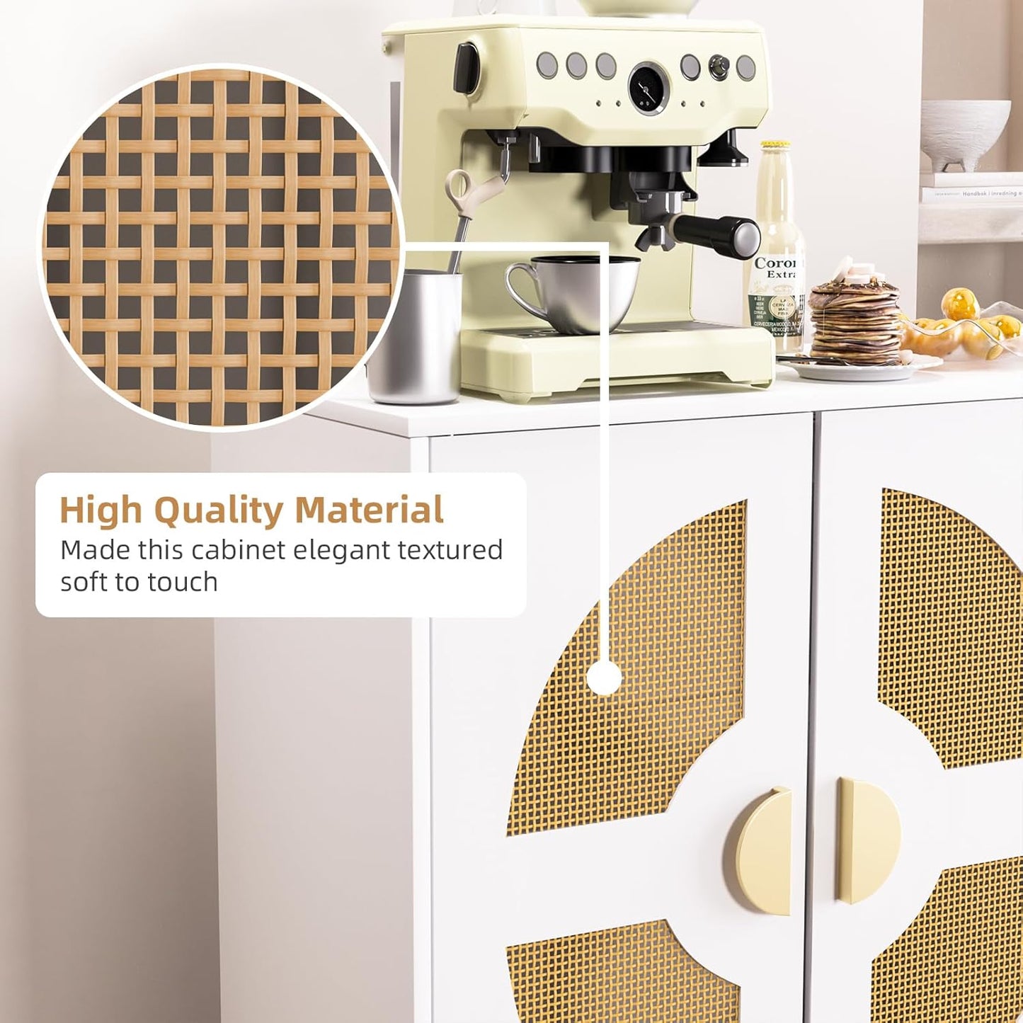 Buffet Cabinet White with Storage, Kitchen Sideboard with Doors & Shelves, Rattan Accent Buffet Console Walnut Media Console Mid Century Coffee Bar Table for Living Room Kitchen Dining Room