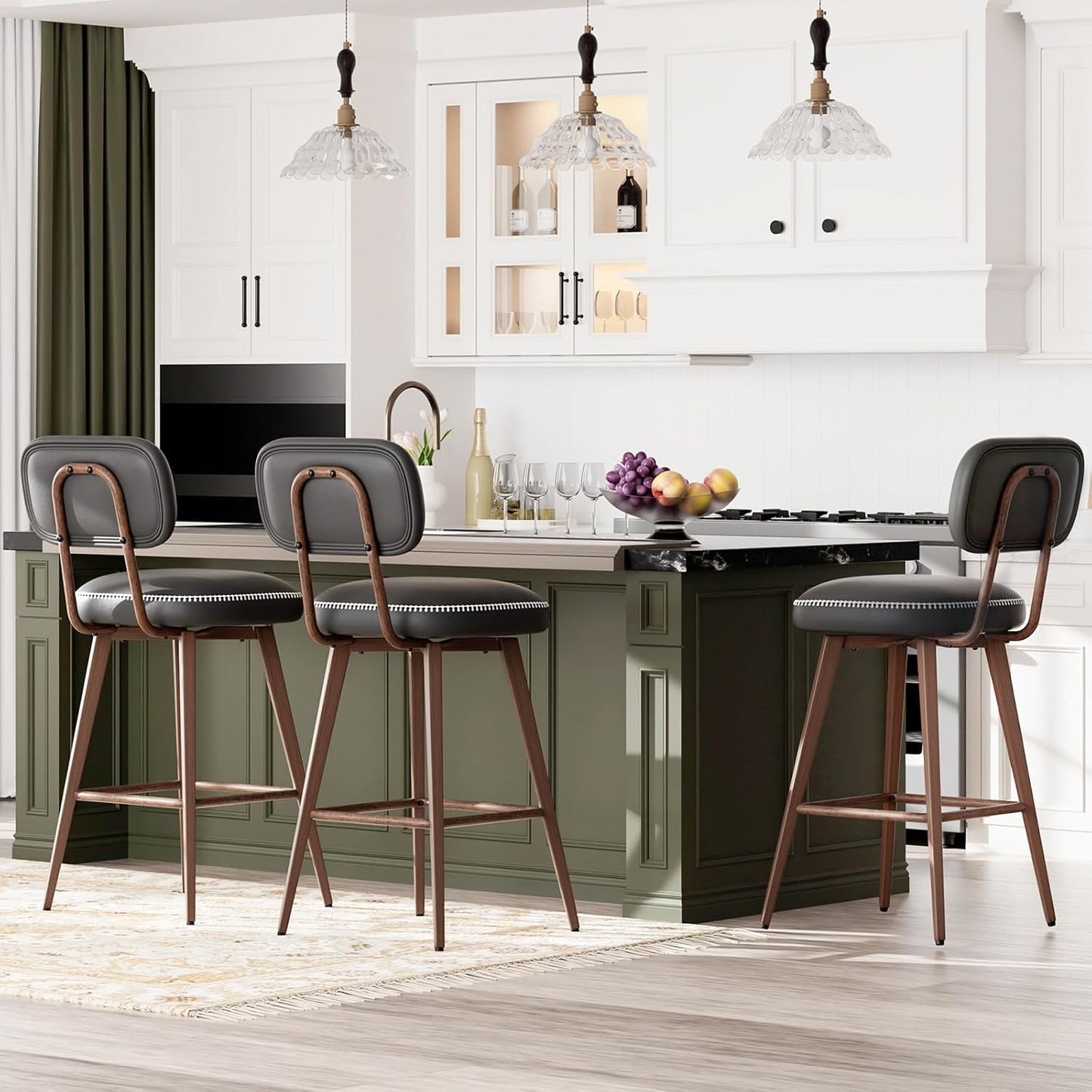 Swivel Bar Stools Set of 3, Mid Century PU Leather Counter Height Bar Chairs with Low Back and Metal Legs, Modern Bar Stool Chair for Kitchen Island, Black