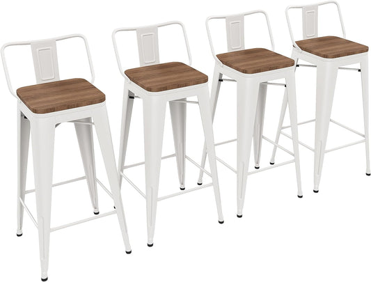 Yongchuang 30 inch Bar Stools Set of 4 Bar Height Metal Barstools with Wood Seat Low Back Kitchen Bar Chairs Cream White