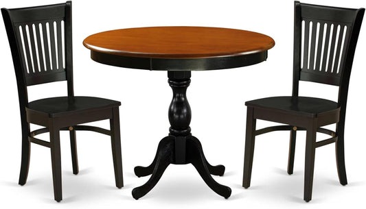 East West Furniture AMVA3-BCH-W 3 Piece Modern Dining Table Set Contains a Round Kitchen Table with Pedestal and 2 Kitchen Dining Chairs, 36x36 Inch, Black & Cherry