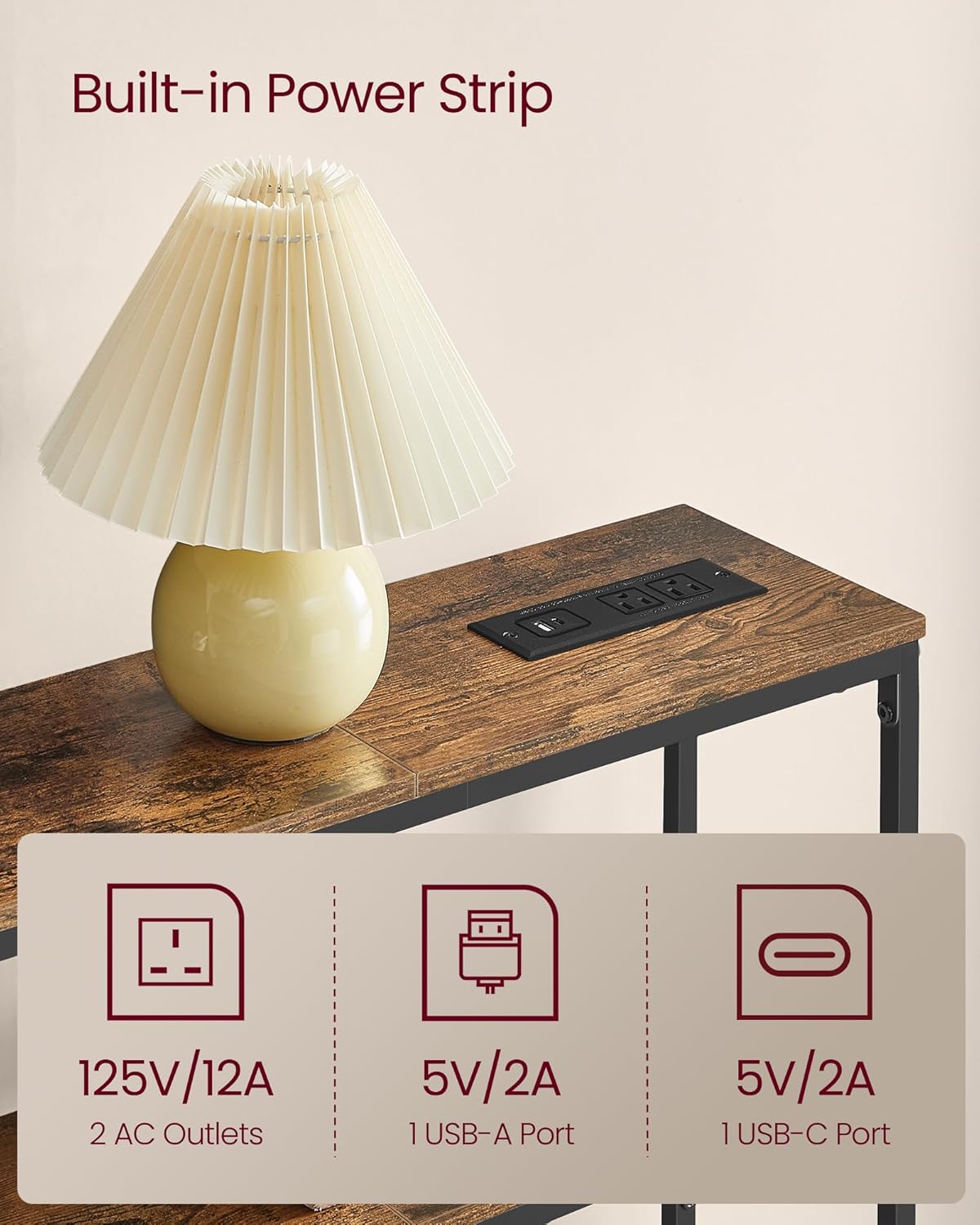 VASAGLE Console Table with Power Outlet, 2-Tier Narrow Sofa Table with 2 Shelves, 7.9 x 39.4 x 31.5 Inches, for Living Room, Hallway, Entryway, Rustic Brown and Ink Black ULNT136K01