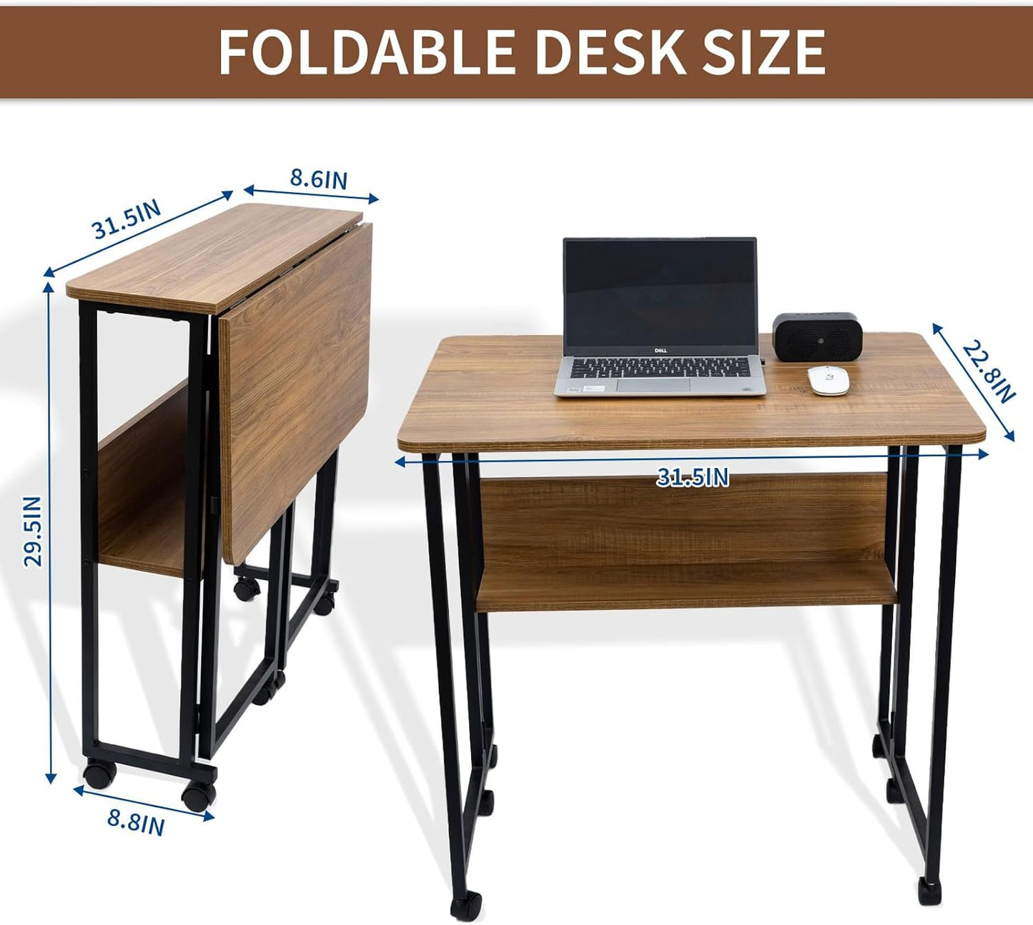 Mobile Foldable Desk w/ 6 Wheels,Portable Rolling Small Computer Desk w/Storage Shelves, Folding desks for Small Spaces, Computer Table for Home Office Bedroom Living Room-Brown