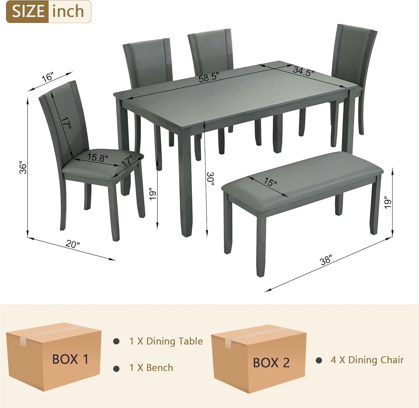 soges 6-Piece Large Dining Table Set with Leather Bench and Chairs, Wooden Dining Table Chairs Set for 6, Modern 6 Person Dining Room Set, Grey